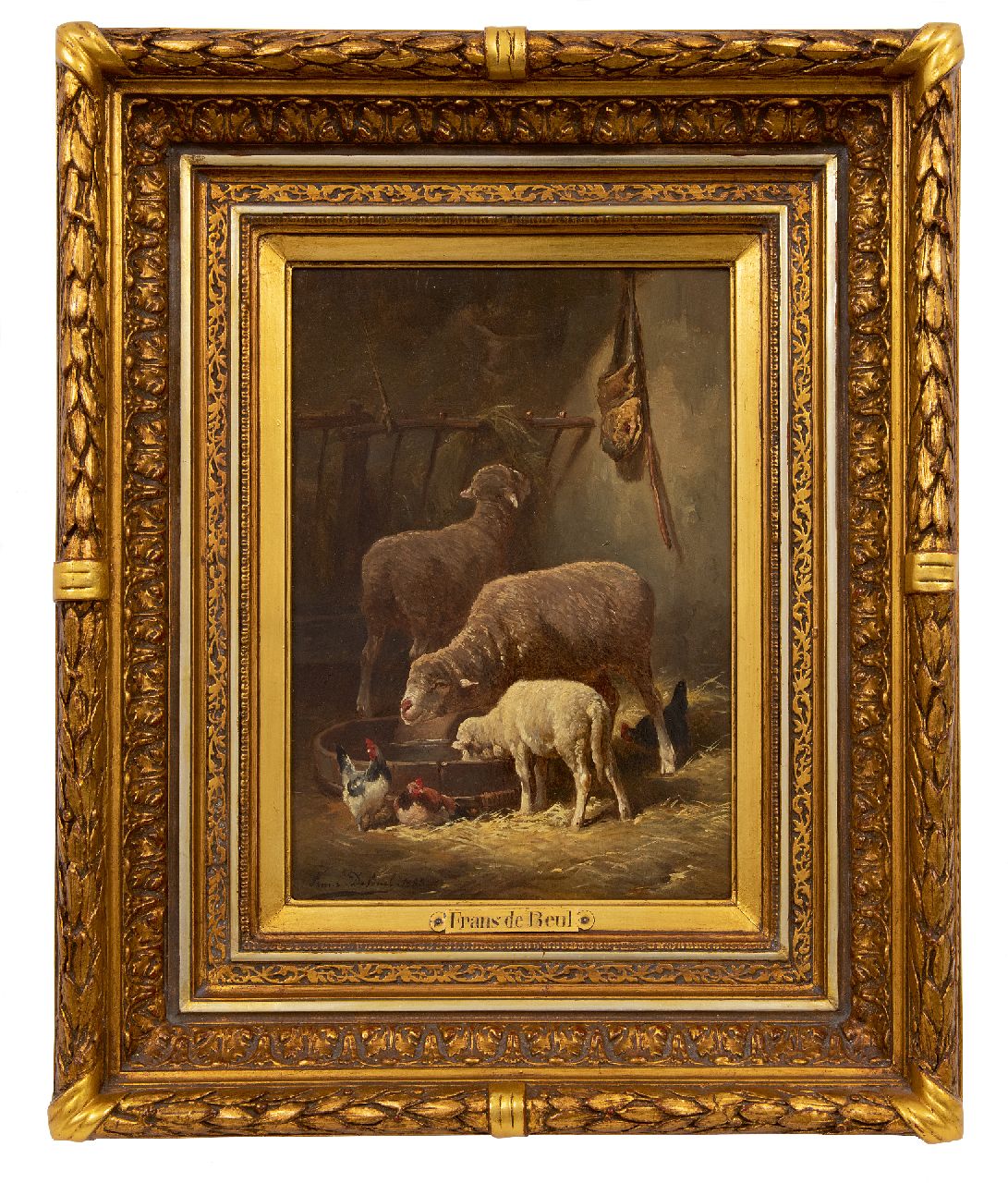 Beul F. de | Frans de Beul, Schapen in de stal (alleen tezamen), olieverf op paneel 34,3 x 23,2 cm, gesigneerd linksonder en gedateerd 1883 Beul F. de | Frans de Beul, Schapen in de stal (alleen tezamen), olieverf op paneel 34,3 x 23,2 cm, gesigneerd linksonder en gedateerd 1883