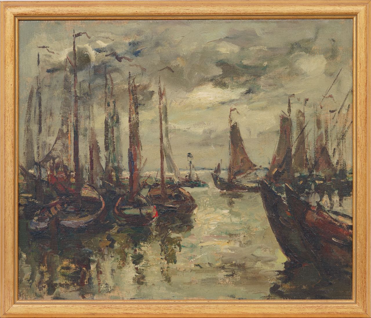 Korthals J.  | Johannes 'Jan' Korthals | Schilderijen te koop aangeboden | Afgemeerdebotters in een Zuiderzeehaven, olieverf op doek 50,5 x 60,2 cm, gesigneerd linksonder