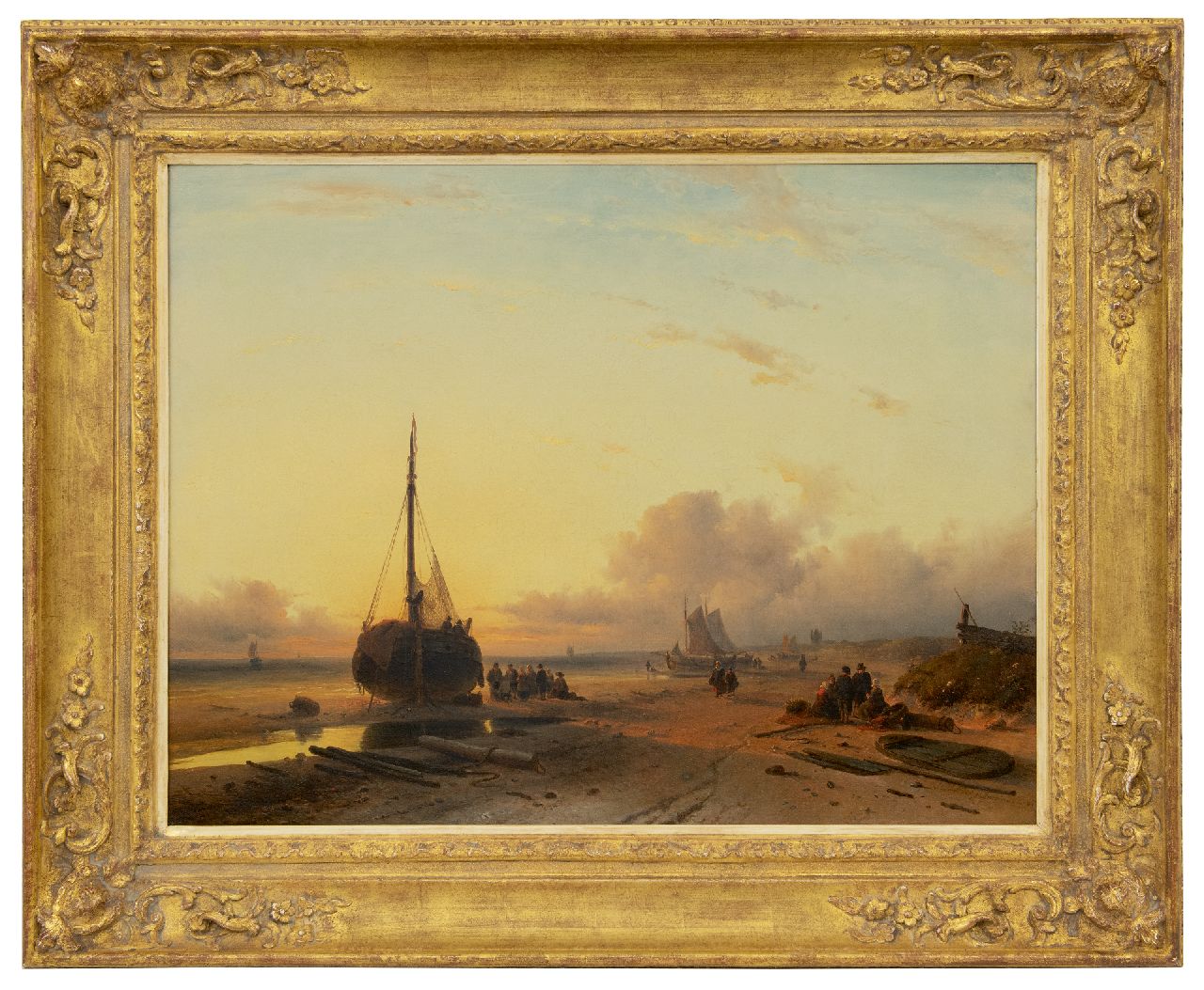 Leickert C.H.J.  | 'Charles' Henri Joseph Leickert | Gemälde zum Verkauf angeboten | 'Bomschiffe' auf dem Strand bei untergehender Sonne, Öl auf Leinwand 58,0 x 75,0 cm, Unterzeichnet r.u. und datiert 'London' 1845