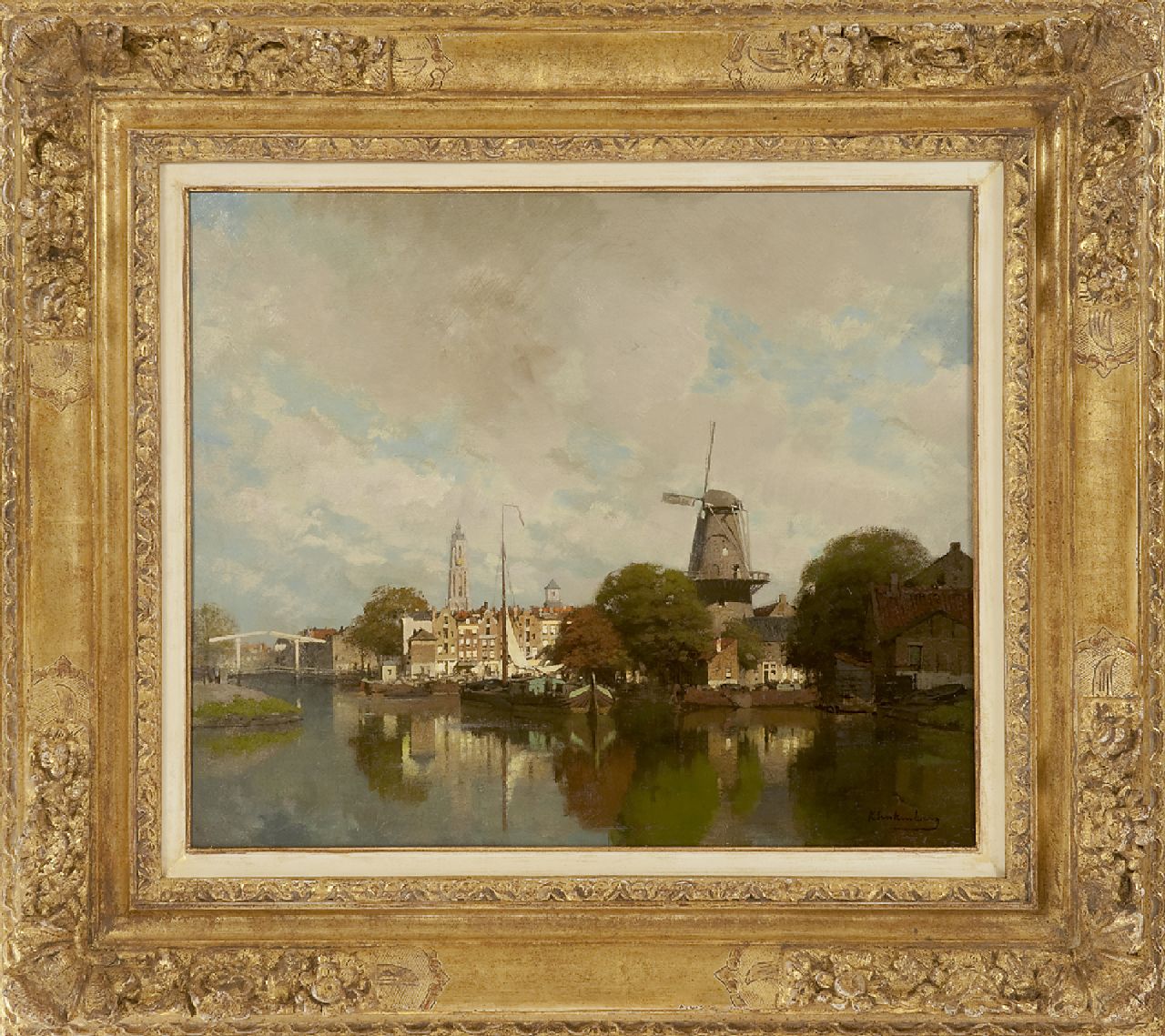 Klinkenberg J.C.K.  | Johannes Christiaan Karel Klinkenberg | Schilderijen te koop aangeboden | Stadsgezicht met de Delftse Groenmolen en toren van de Nieuwe Kerk, olieverf op doek 39,5 x 47,4 cm, gesigneerd rechtsonder