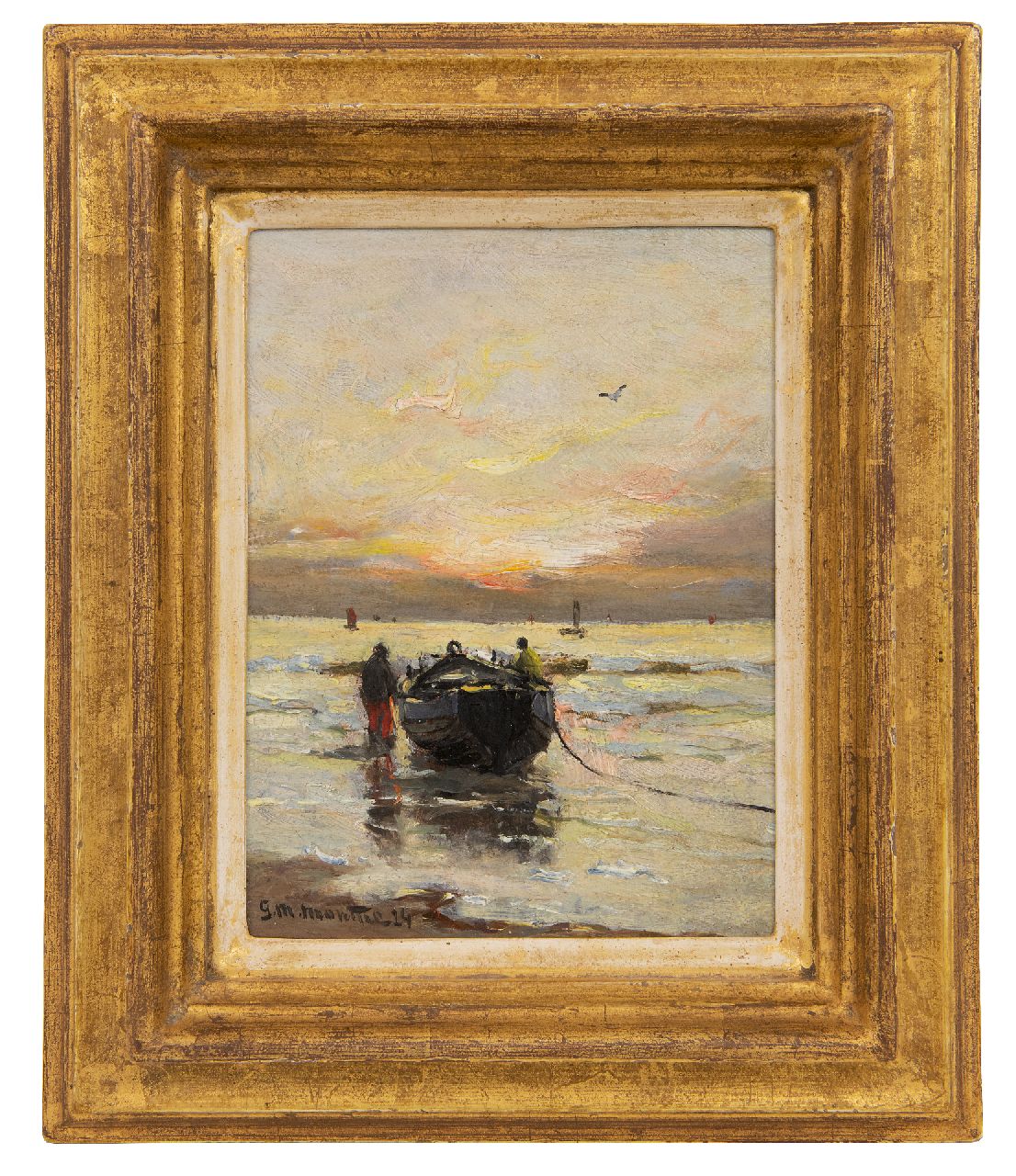 Munthe G.A.L.  | Gerhard Arij Ludwig 'Morgenstjerne' Munthe | Schilderijen te koop aangeboden | Avondstemming op het strand, olieverf op schildersboard 20,0 x 14,9 cm, gesigneerd linksonder en gedateerd '24