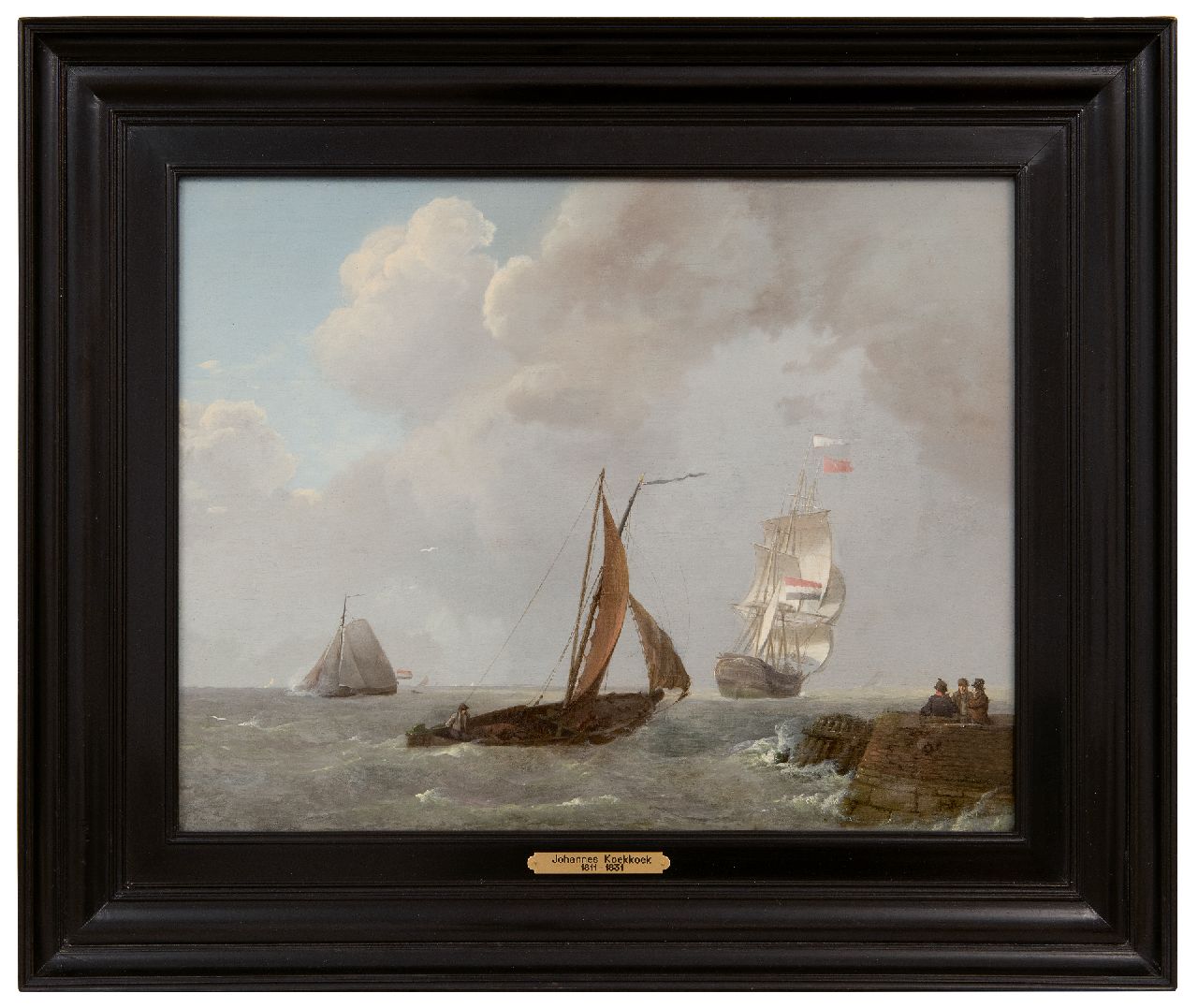 Koekkoek J.  | Johannes Koekkoek, Kreuzende Segelschiffe bei einem Hafenkopf, Zeeland, Öl auf Holz 30,0 x 38,9 cm, Unterzeichnet u.r. und datiert 1829