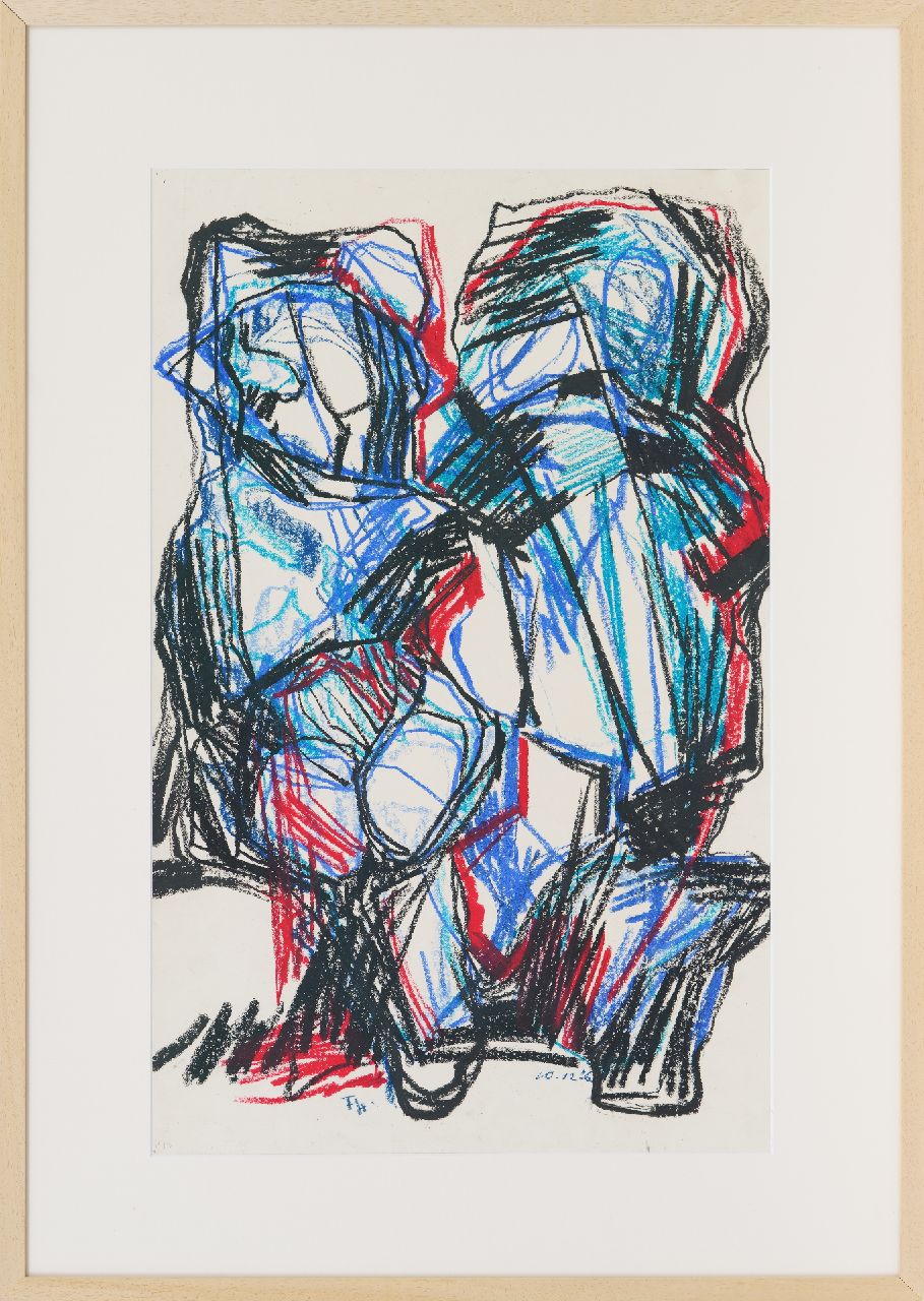 Hunziker F.  | Frieda Hunziker, Voorstudie Twee figuren, waskrijt op papier 78,5 x 49,9 cm, gesigneerd linksonder met initialen en gedateerd 10-12-'61