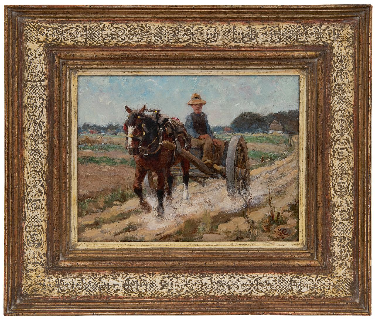 Geerlings J.H.  | Jacob Hendrik Geerlings, Paard en wagen op een landweg, olieverf op paneel 21,5 x 28,7 cm, gesigneerd rechtsonder