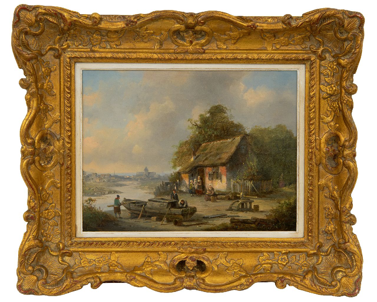 Carabain J.F.J.  | 'Jacques' François Joseph Carabain | Schilderijen te koop aangeboden | Rivierlandschap met bootbouw op een werfje, olieverf op paneel 19,3 x 25,3 cm, gesigneerd linksonder