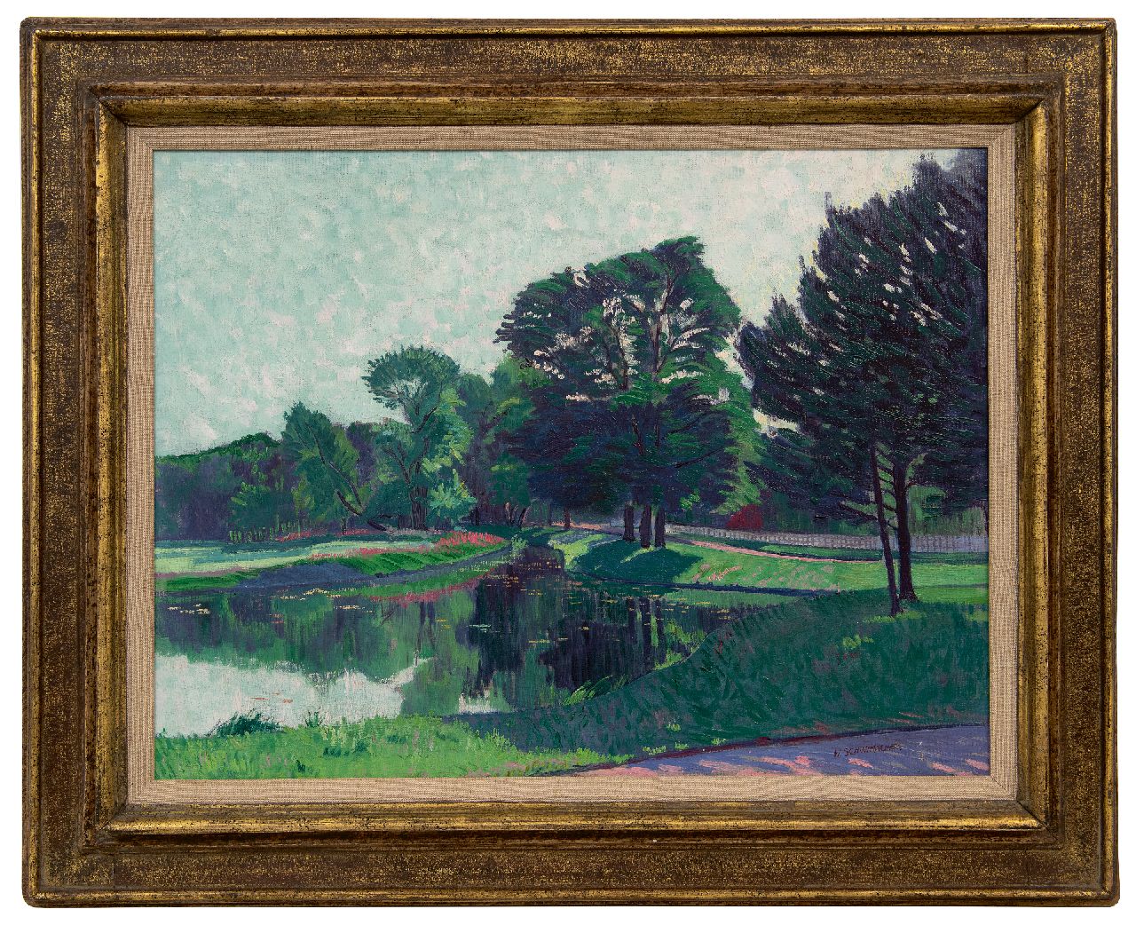 Schuhmacher W.G.C. | Wijtze Gerrit Carel 'Wim' Schuhmacher | Schilderijen te koop aangeboden | Parklandschap met vijver, olieverf op doek 47,8 x 62,9 cm, gesigneerd rechtsonder en te dateren ca. 1915 Schuhmacher W.G.C. | Wijtze Gerrit Carel 'Wim' Schuhmacher | Schilderijen te koop aangeboden | Parklandschap met vijver, olieverf op doek 47,8 x 62,9 cm, gesigneerd rechtsonder en te dateren ca. 1915