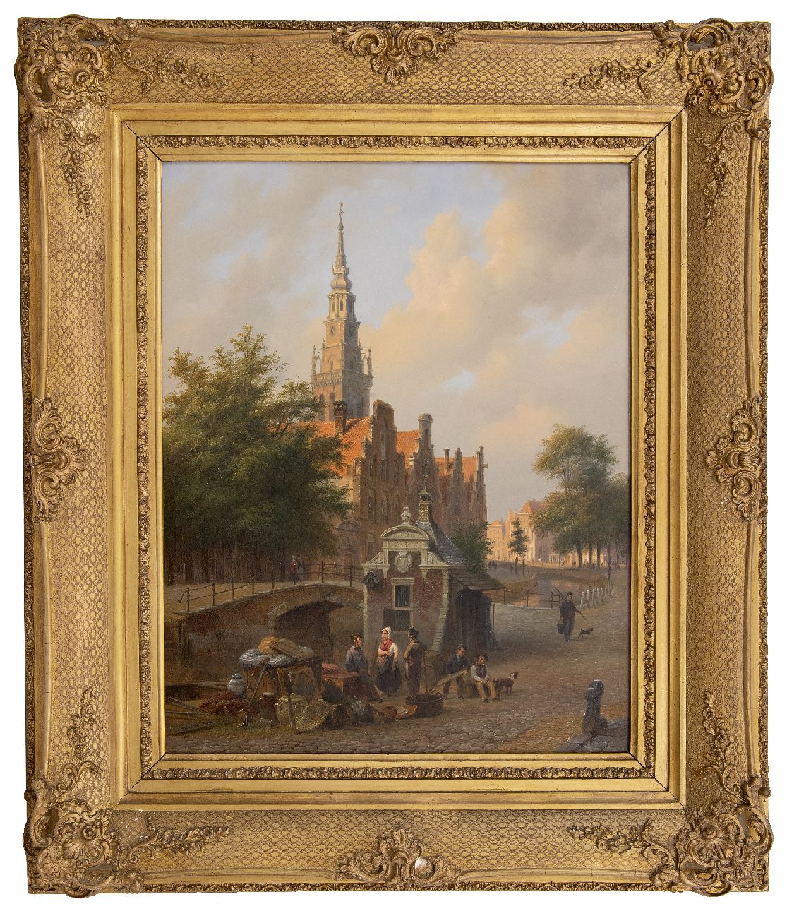 Hove B.J. van | Bartholomeus Johannes 'Bart' van Hove | Schilderijen te koop aangeboden | Stadsgezicht met op de voorgrond een antiekhandelaar, olieverf op paneel 50,1 x 39,6 cm, gesigneerd linksonder en gedateerd 1844 Hove B.J. van | Bartholomeus Johannes 'Bart' van Hove | Schilderijen te koop aangeboden | Stadsgezicht met op de voorgrond een antiekhandelaar, olieverf op paneel 50,1 x 39,6 cm, gesigneerd linksonder en gedateerd 1844