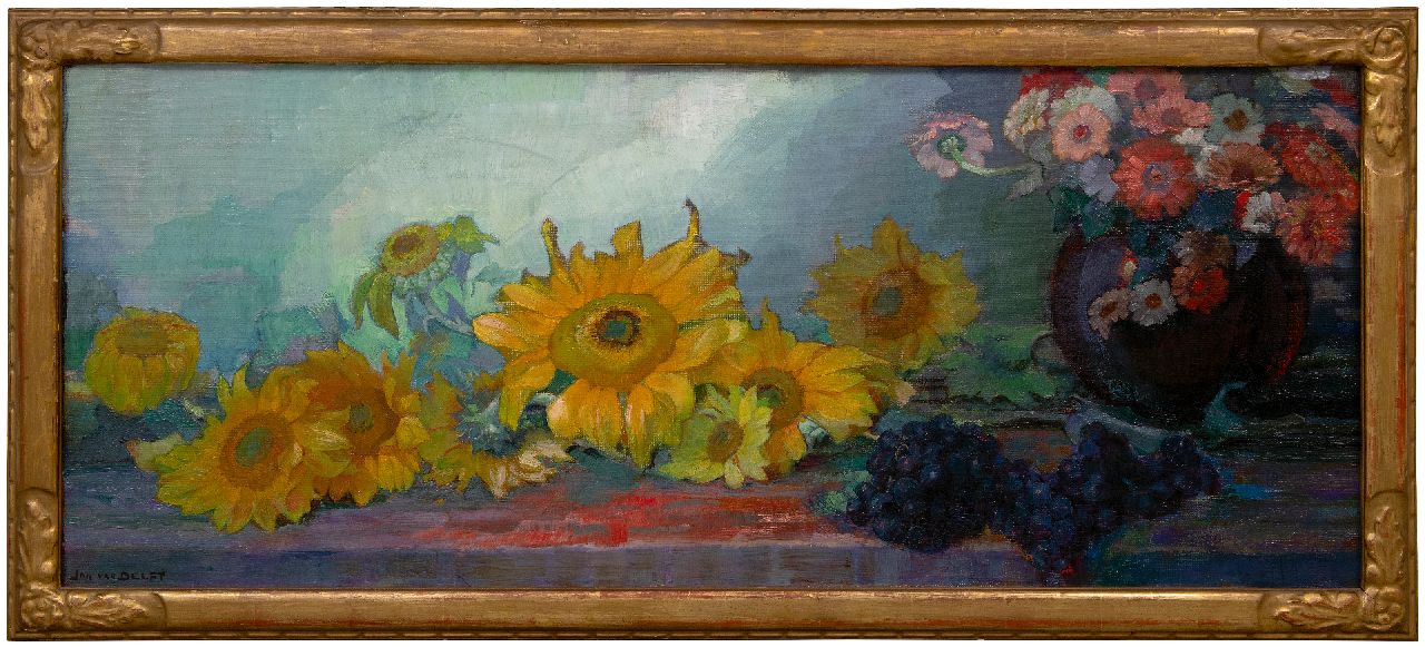 Delft J.P. van | Johannes 'Jan' Petrus van Delft | Schilderijen te koop aangeboden | Stilleven met zonnebloemen, olieverf op doek 48,4 x 115,6 cm, gesigneerd linksonder Delft J.P. van | Johannes 'Jan' Petrus van Delft | Schilderijen te koop aangeboden | Stilleven met zonnebloemen, olieverf op doek 48,4 x 115,6 cm, gesigneerd linksonder