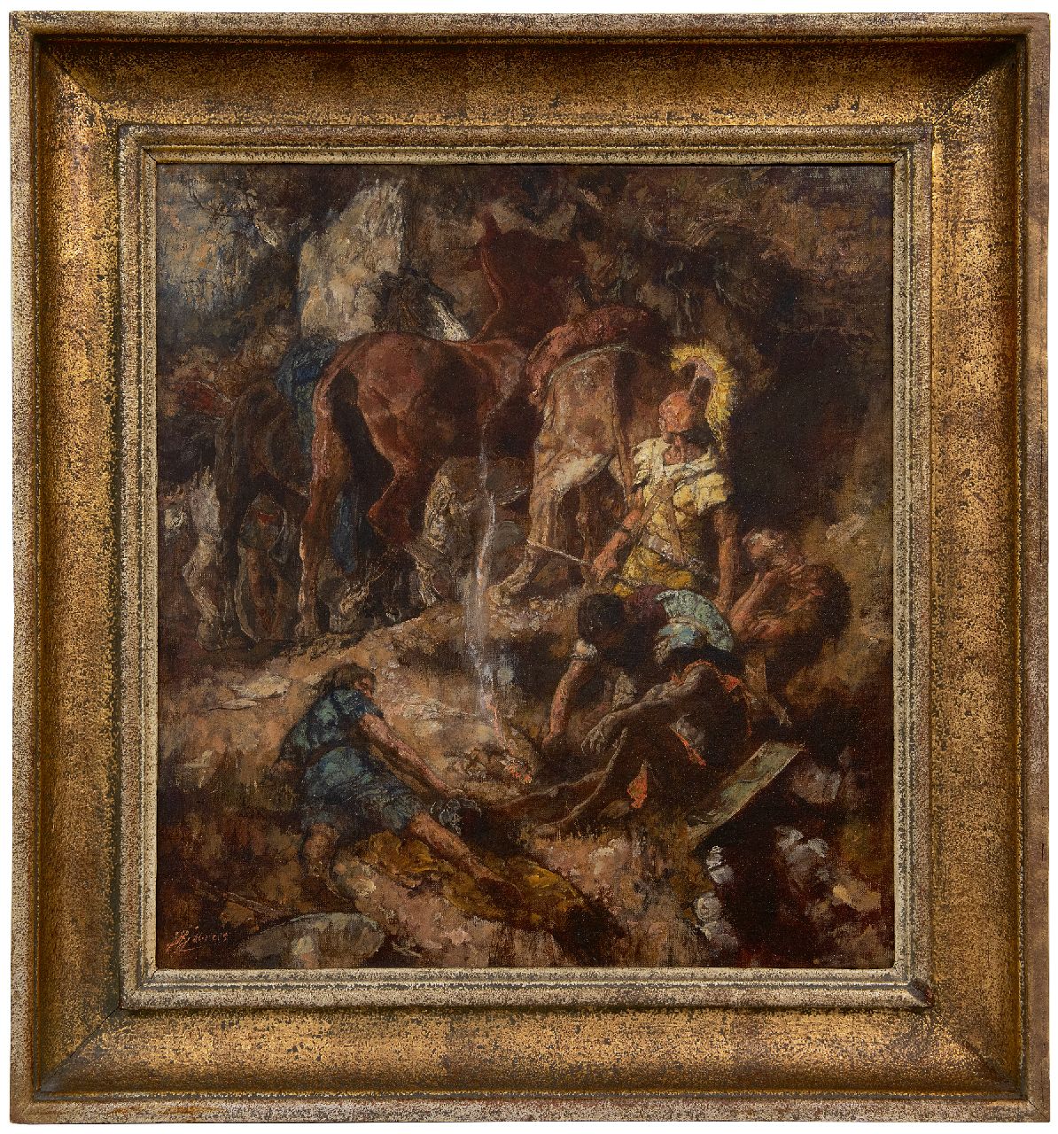 Jurres J.H. | Johannes Hendricus Jurres | Schilderijen te koop aangeboden | Romeinse soldaten en hun paarden bij een drinkplaats, olieverf op doek 54,0 x 50,0 cm, gesigneerd linksonder Jurres J.H. | Johannes Hendricus Jurres | Schilderijen te koop aangeboden | Romeinse soldaten en hun paarden bij een drinkplaats, olieverf op doek 54,0 x 50,0 cm, gesigneerd linksonder