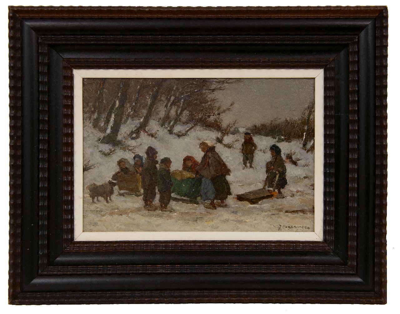 Akkeringa J.E.H. | 'Johannes Evert' Hendrik Akkeringa | Schilderijen te koop aangeboden | Winterse wandeling met het kindje in de slee, olieverf op paneel 17,0 x 24,6 cm, gesigneerd rechtsonder Akkeringa J.E.H. | 'Johannes Evert' Hendrik Akkeringa | Schilderijen te koop aangeboden | Winterse wandeling met het kindje in de slee, olieverf op paneel 17,0 x 24,6 cm, gesigneerd rechtsonder