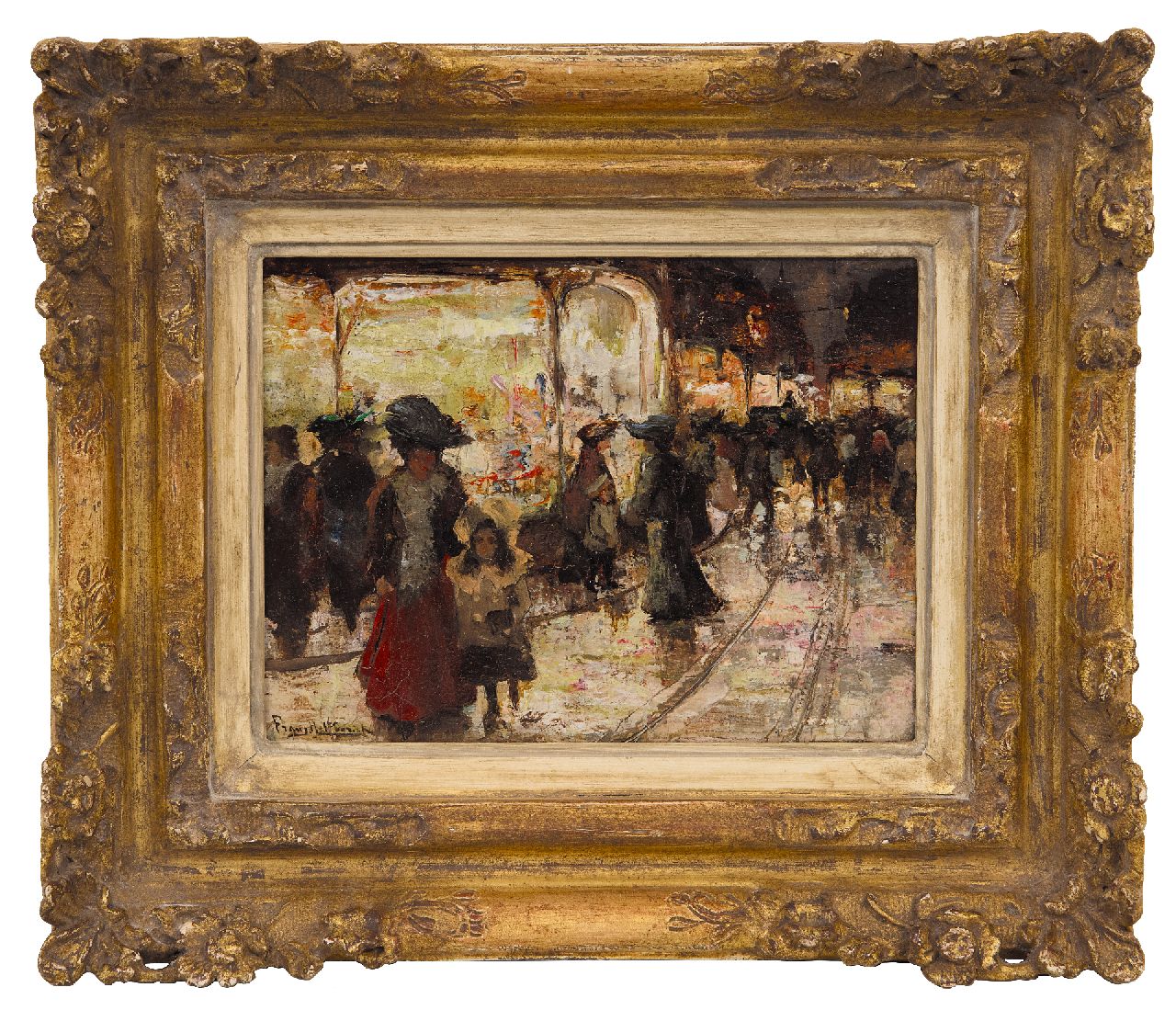 Helfferich F.W. | Franciscus Willem 'Frans' Helfferich, Winkelen bij avond, Den Haag, olieverf op paneel 12,0 x 16,0 cm, gesigneerd linksonder Helfferich F.W. | Franciscus Willem 'Frans' Helfferich, Winkelen bij avond, Den Haag, olieverf op paneel 12,0 x 16,0 cm, gesigneerd linksonder