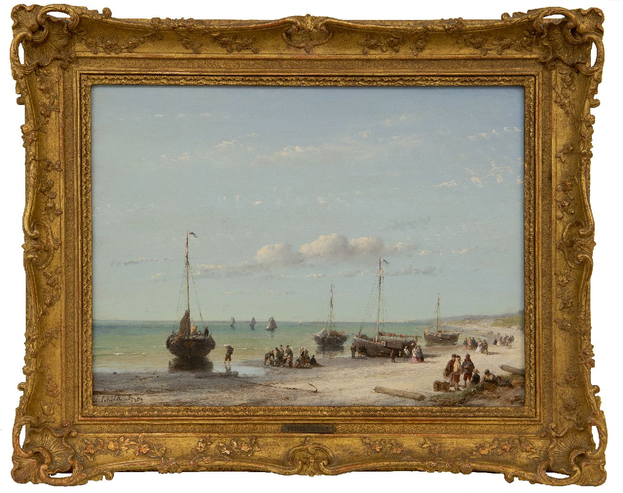 Schelfhout A. | Andreas Schelfhout | Schilderijen te koop aangeboden | Strandgezicht met schepen, vissers en elegante wandelaars, olieverf op paneel 32,1 x 43,0 cm, gesigneerd linksonder en gedateerd '59 Schelfhout A. | Andreas Schelfhout | Schilderijen te koop aangeboden | Strandgezicht met schepen, vissers en elegante wandelaars, olieverf op paneel 32,1 x 43,0 cm, gesigneerd linksonder en gedateerd '59
