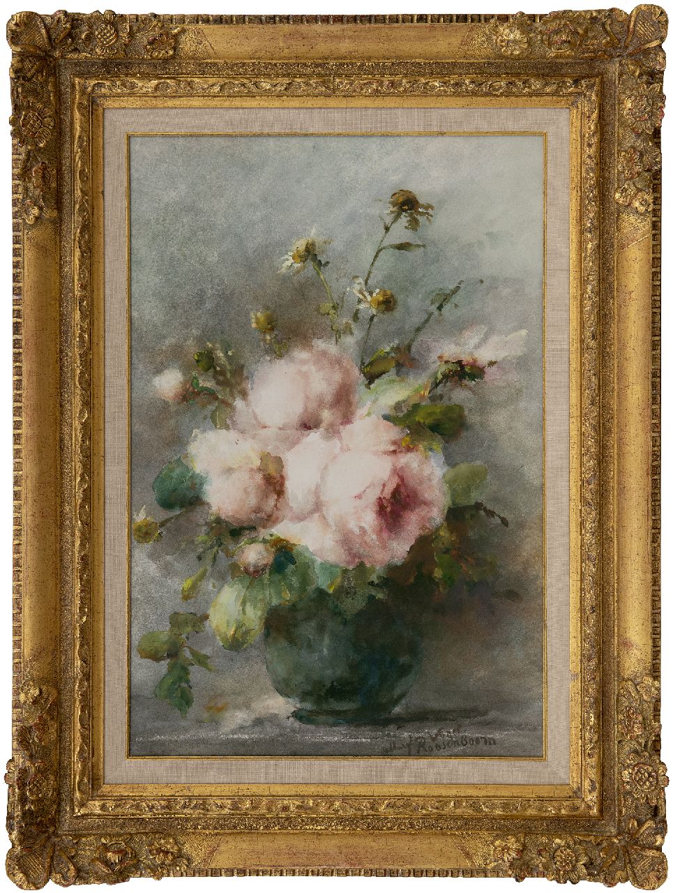 Roosenboom M.C.J.W.H.  | 'Margaretha' Cornelia Johanna Wilhelmina Henriëtta Roosenboom | Aquarellen en tekeningen te koop aangeboden | Stilleven met roze pioenrozen, aquarel op papier 52,5 x 35,5 cm, gesigneerd rechtsonder