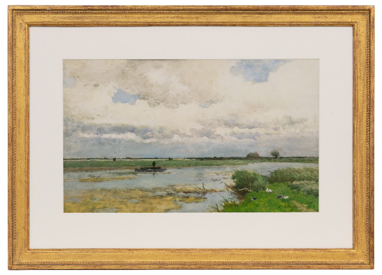 Weissenbruch H.J. | Hendrik Johannes 'J.H.' Weissenbruch | Aquarellen en tekeningen te koop aangeboden | Plassengezicht met punter, aquarel op papier 32,5 x 54,0 cm, gesigneerd rechtsonder Weissenbruch H.J. | Hendrik Johannes 'J.H.' Weissenbruch | Aquarellen en tekeningen te koop aangeboden | Plassengezicht met punter, aquarel op papier 32,5 x 54,0 cm, gesigneerd rechtsonder