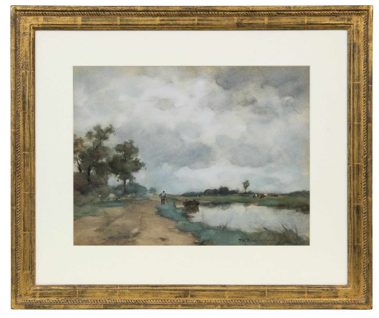 Weissenbruch H.J.  | Hendrik Johannes 'J.H.' Weissenbruch | Aquarellen en tekeningen te koop aangeboden | Polderlandschap met jager op jaagpad, aquarel op papier 34,0 x 45,0 cm, gesigneerd rechtsonder