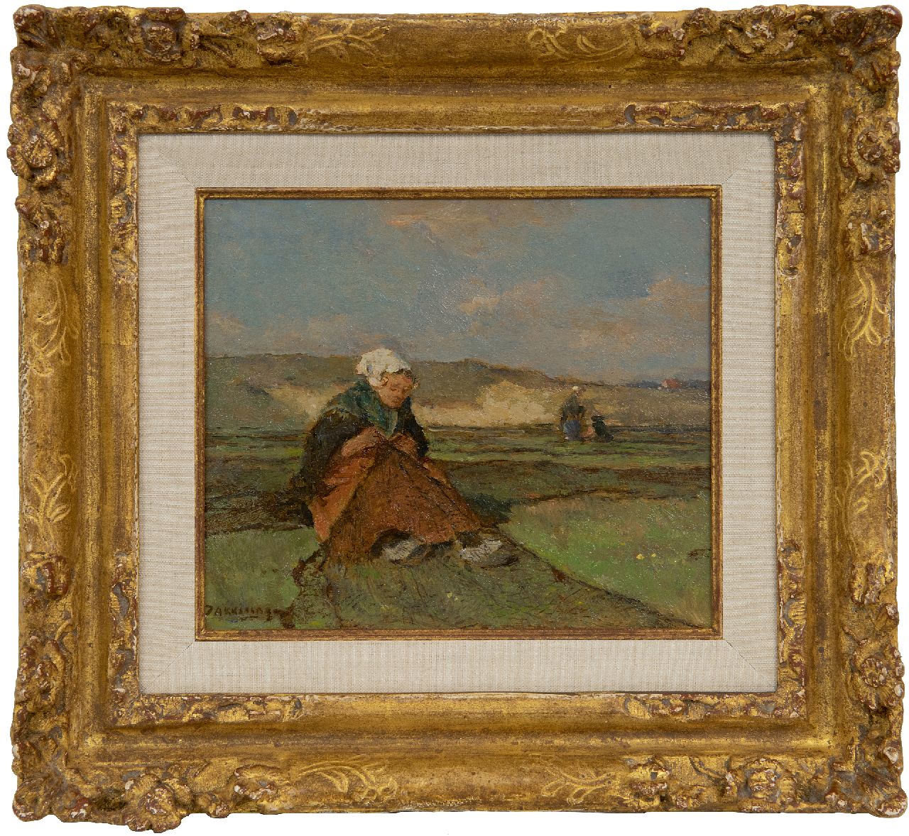 Akkeringa J.E.H. | 'Johannes Evert' Hendrik Akkeringa | Schilderijen te koop aangeboden | Nettenboetsters in de duinen, olieverf op paneel 14,5 x 17,1 cm, gesigneerd linksonder Akkeringa J.E.H. | 'Johannes Evert' Hendrik Akkeringa | Schilderijen te koop aangeboden | Nettenboetsters in de duinen, olieverf op paneel 14,5 x 17,1 cm, gesigneerd linksonder