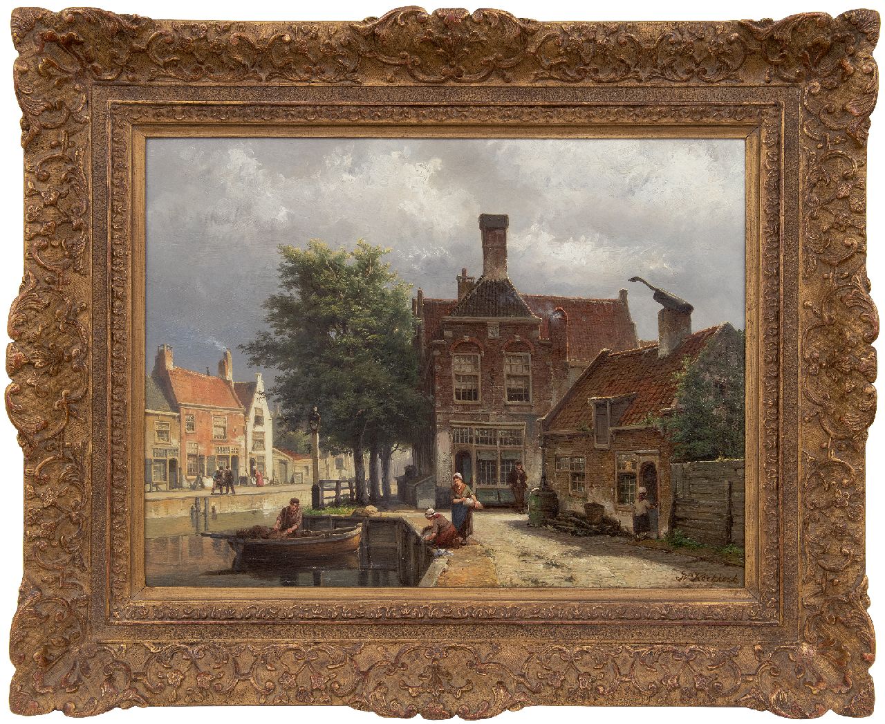 Koekkoek W.  | Willem Koekkoek, Grachtje in Haarlem, olieverf op paneel 41,7 x 56,2 cm, gesigneerd rechtsonder en verso gedateerd 1877 GERESERVEERD