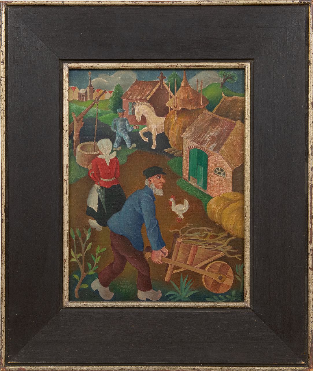 Schrikkel J.L. | Johannes Lodewijk 'Louis' Schrikkel, Bedrijvigheid op de boerderij, olieverf op doek op paneel 35,5 x 27,1 cm, gesigneerd linksonder en gedateerd 1936 Schrikkel J.L. | Johannes Lodewijk 'Louis' Schrikkel, Bedrijvigheid op de boerderij, olieverf op doek op paneel 35,5 x 27,1 cm, gesigneerd linksonder en gedateerd 1936