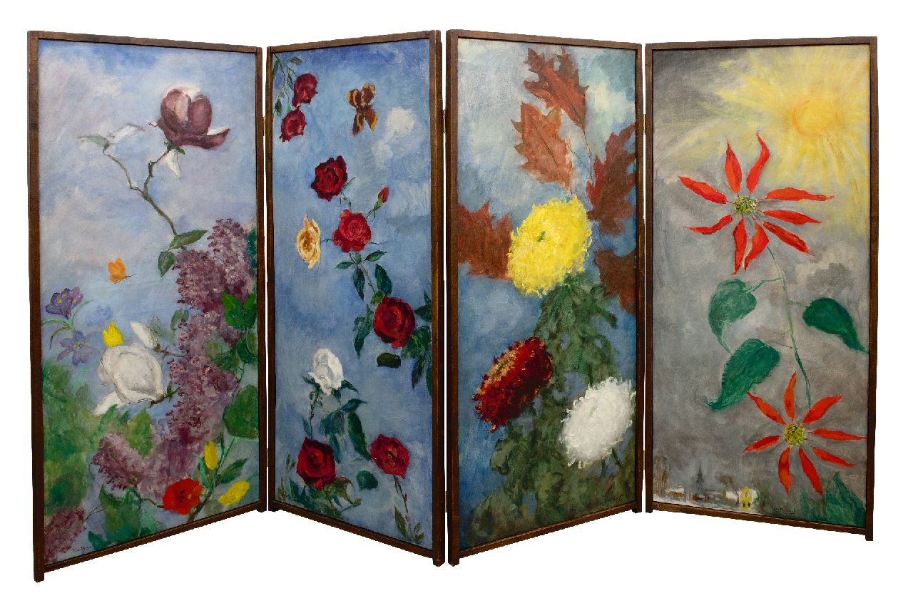 Wijngaerdt P.T. van | Petrus Theodorus 'Piet' van Wijngaerdt | Schilderijen te koop aangeboden | 4-delig kamerscherm: de vier seizoenen, olieverf op doek 145,0 x 61,2 cm, gesigneerd linksonder, rechtsonder en middenonder en totale afmeting: 145 x 245 cm Wijngaerdt P.T. van | Petrus Theodorus 'Piet' van Wijngaerdt | Schilderijen te koop aangeboden | 4-delig kamerscherm: de vier seizoenen, olieverf op doek 145,0 x 61,2 cm, gesigneerd linksonder, rechtsonder en middenonder en totale afmeting: 145 x 245 cm