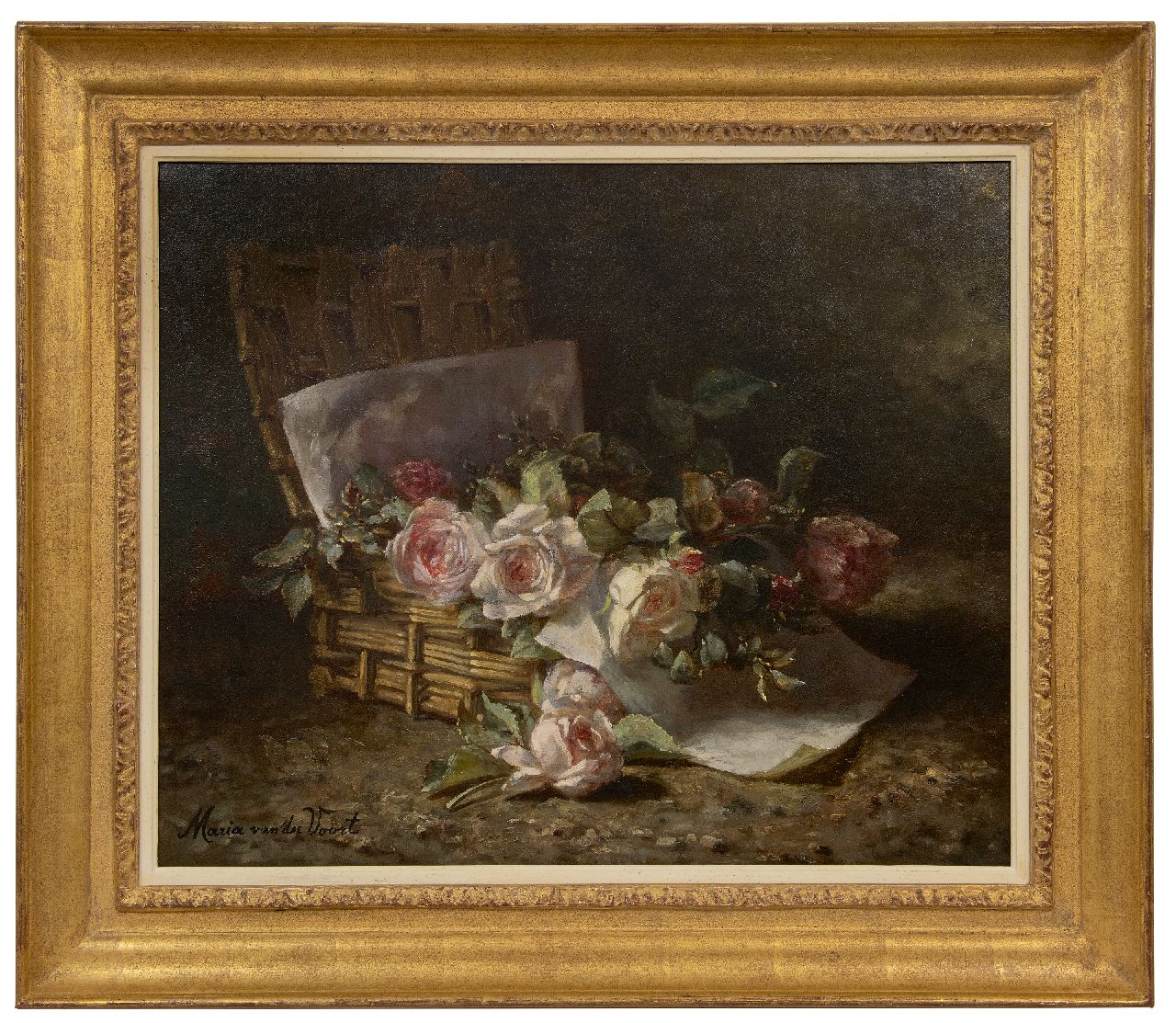 Voort in de Betouw-Nourney M. van der | Maria van der Voort in de Betouw-Nourney | Schilderijen te koop aangeboden | Rozen in een mand op de bosgrond, olieverf op doek 50,1 x 60,3 cm, gesigneerd linksonder Voort in de Betouw-Nourney M. van der | Maria van der Voort in de Betouw-Nourney | Schilderijen te koop aangeboden | Rozen in een mand op de bosgrond, olieverf op doek 50,1 x 60,3 cm, gesigneerd linksonder