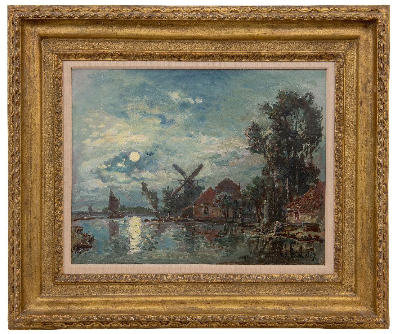 Jongkind J.B. | Johan Barthold Jongkind | Schilderijen te koop aangeboden | Maanverlicht rivierlandschap, Holland, olieverf op doek 33,6 x 43,3 cm, gesigneerd rechtsonder en gedateerd 1867 Jongkind J.B. | Johan Barthold Jongkind | Schilderijen te koop aangeboden | Maanverlicht rivierlandschap, Holland, olieverf op doek 33,6 x 43,3 cm, gesigneerd rechtsonder en gedateerd 1867
