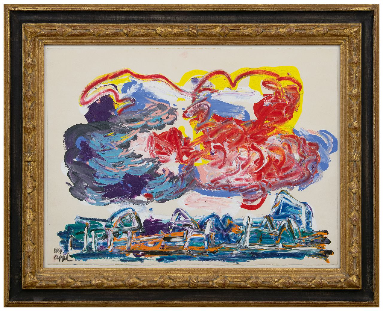 Appel C.K. | Christiaan 'Karel' Appel | Schilderijen te koop aangeboden | Wolken boven huizen, acryl op papier 56,5 x 76,0 cm, gesigneerd linksonder en gedateerd '84 VERKOCHT Appel C.K. | Christiaan 'Karel' Appel | Schilderijen te koop aangeboden | Wolken boven huizen, acryl op papier 56,5 x 76,0 cm, gesigneerd linksonder en gedateerd '84 VERKOCHT