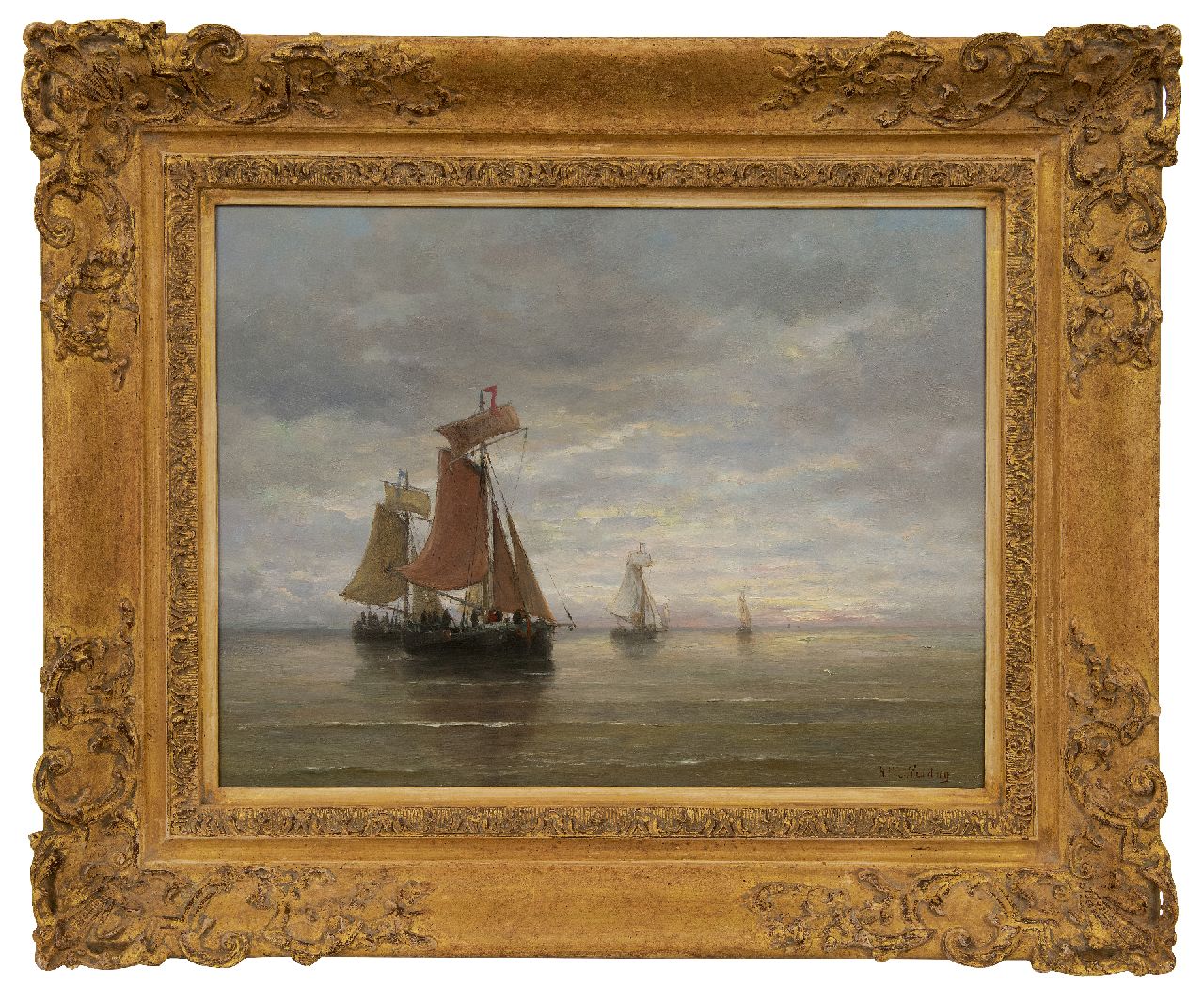 Mesdag H.W. | Hendrik Willem Mesdag, Bomschuiten op kalme zee, olieverf op paneel 39,5 x 51,0 cm, gesigneerd rechtsonder Mesdag H.W. | Hendrik Willem Mesdag, Bomschuiten op kalme zee, olieverf op paneel 39,5 x 51,0 cm, gesigneerd rechtsonder