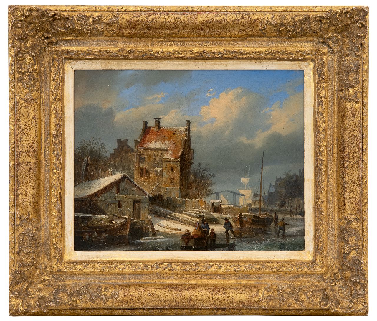 Springer C. | Cornelis Springer, Dorp in de winter met schaatsers en een ophaalbrug in de verte, olieverf op paneel 19,0 x 24,0 cm, gesigneerd middenonder met monogram (op de slee) en gedateerd '44 Springer C. | Cornelis Springer, Dorp in de winter met schaatsers en een ophaalbrug in de verte, olieverf op paneel 19,0 x 24,0 cm, gesigneerd middenonder met monogram (op de slee) en gedateerd '44