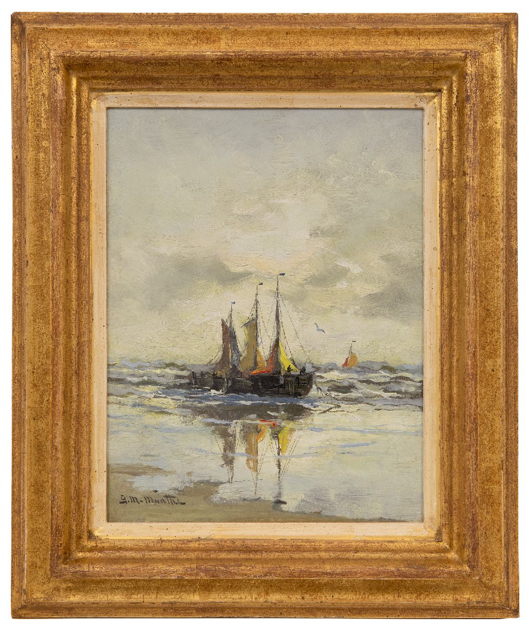 Munthe G.A.L.  | Gerhard Arij Ludwig 'Morgenstjerne' Munthe, Drie bomschuiten in de branding, olieverf op paneel 24,5 x 18,7 cm, gesigneerd linksonder