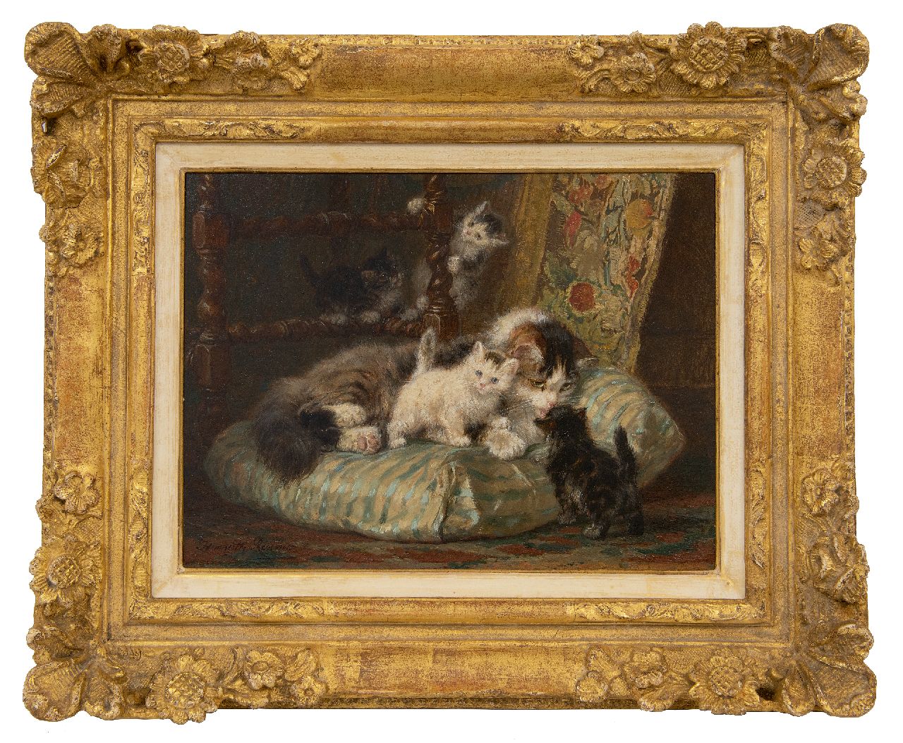 Ronner-Knip H. | Henriette Ronner-Knip, Moederpoes met spelende kittens op zijden kussen, olieverf op paneel 24,5 x 32,6 cm, gesigneerd linksonder Ronner-Knip H. | Henriette Ronner-Knip, Moederpoes met spelende kittens op zijden kussen, olieverf op paneel 24,5 x 32,6 cm, gesigneerd linksonder