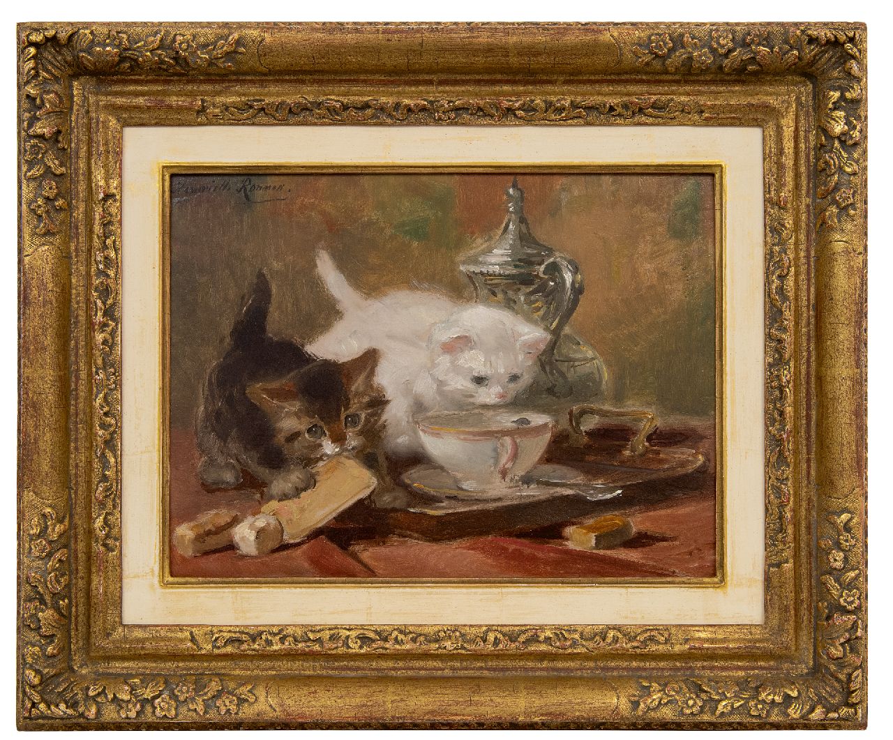 Ronner-Knip H. | Henriette Ronner-Knip | Schilderijen te koop aangeboden | Kittens spelend op een theetafel, olieverf op papier op paneel 23,8 x 32,1 cm, gesigneerd linksboven Ronner-Knip H. | Henriette Ronner-Knip | Schilderijen te koop aangeboden | Kittens spelend op een theetafel, olieverf op papier op paneel 23,8 x 32,1 cm, gesigneerd linksboven