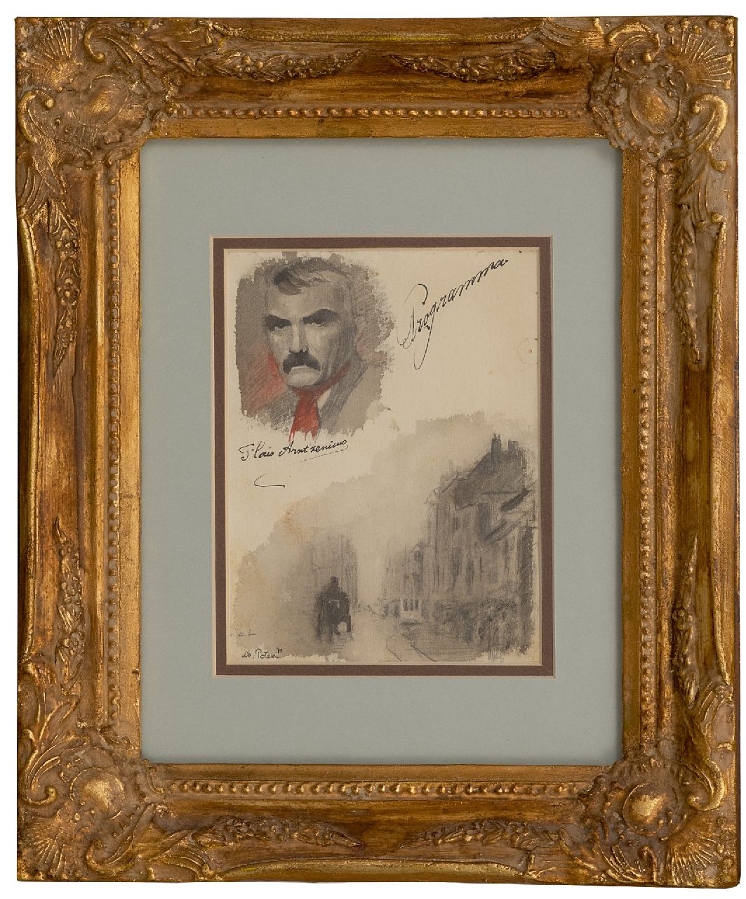 Arntzenius P.F.N.J. | Pieter Florentius Nicolaas Jacobus 'Floris' Arntzenius, Blad met zelfportret en schets van de Lange Poten, Den Haag, potlood, inkt en aquarel op papier 15,7 x 12,4 cm, gesigneerd links van het midden Arntzenius P.F.N.J. | Pieter Florentius Nicolaas Jacobus 'Floris' Arntzenius, Blad met zelfportret en schets van de Lange Poten, Den Haag, potlood, inkt en aquarel op papier 15,7 x 12,4 cm, gesigneerd links van het midden
