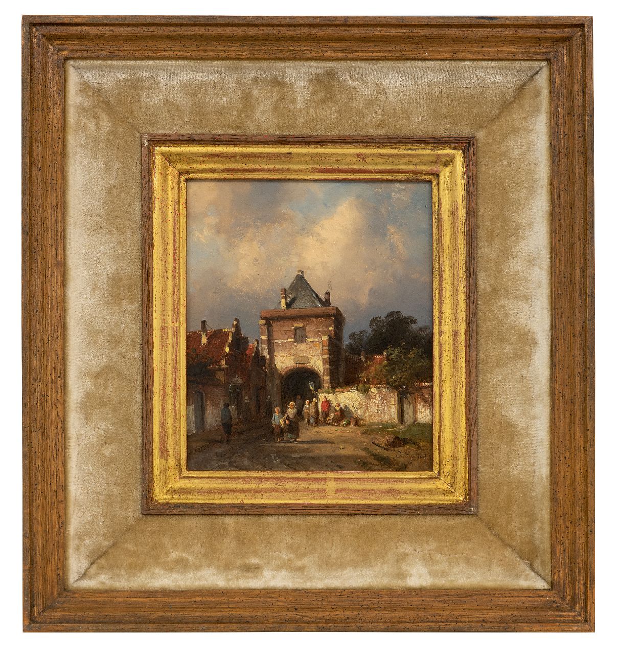 Leickert C.H.J.  | 'Charles' Henri Joseph Leickert | Schilderijen te koop aangeboden | Hollandse stadspoort met figuren bij een groenteverkoopster, olieverf op paneel 16,3 x 13,8 cm, gesigneerd rechtsonder