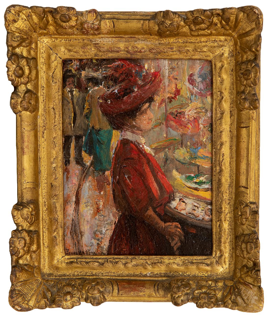 Helfferich F.W. | Franciscus Willem 'Frans' Helfferich | Schilderijen te koop aangeboden | Elegante dame voor Haagse hoedenwinkel, olieverf op paneel 16,0 x 11,8 cm, gesigneerd linksonder Helfferich F.W. | Franciscus Willem 'Frans' Helfferich | Schilderijen te koop aangeboden | Elegante dame voor Haagse hoedenwinkel, olieverf op paneel 16,0 x 11,8 cm, gesigneerd linksonder