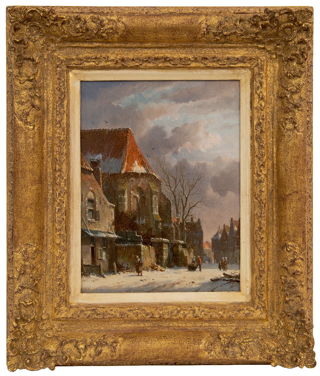 Eversen A. | Adrianus Eversen | Schilderijen te koop aangeboden | Figuren bij een kerkpoort in de winter (pendant van 25438), olieverf op paneel 19,3 x 14,9 cm, gesigneerd rechtsonder met monogram Eversen A. | Adrianus Eversen | Schilderijen te koop aangeboden | Figuren bij een kerkpoort in de winter (pendant van 25438), olieverf op paneel 19,3 x 14,9 cm, gesigneerd rechtsonder met monogram