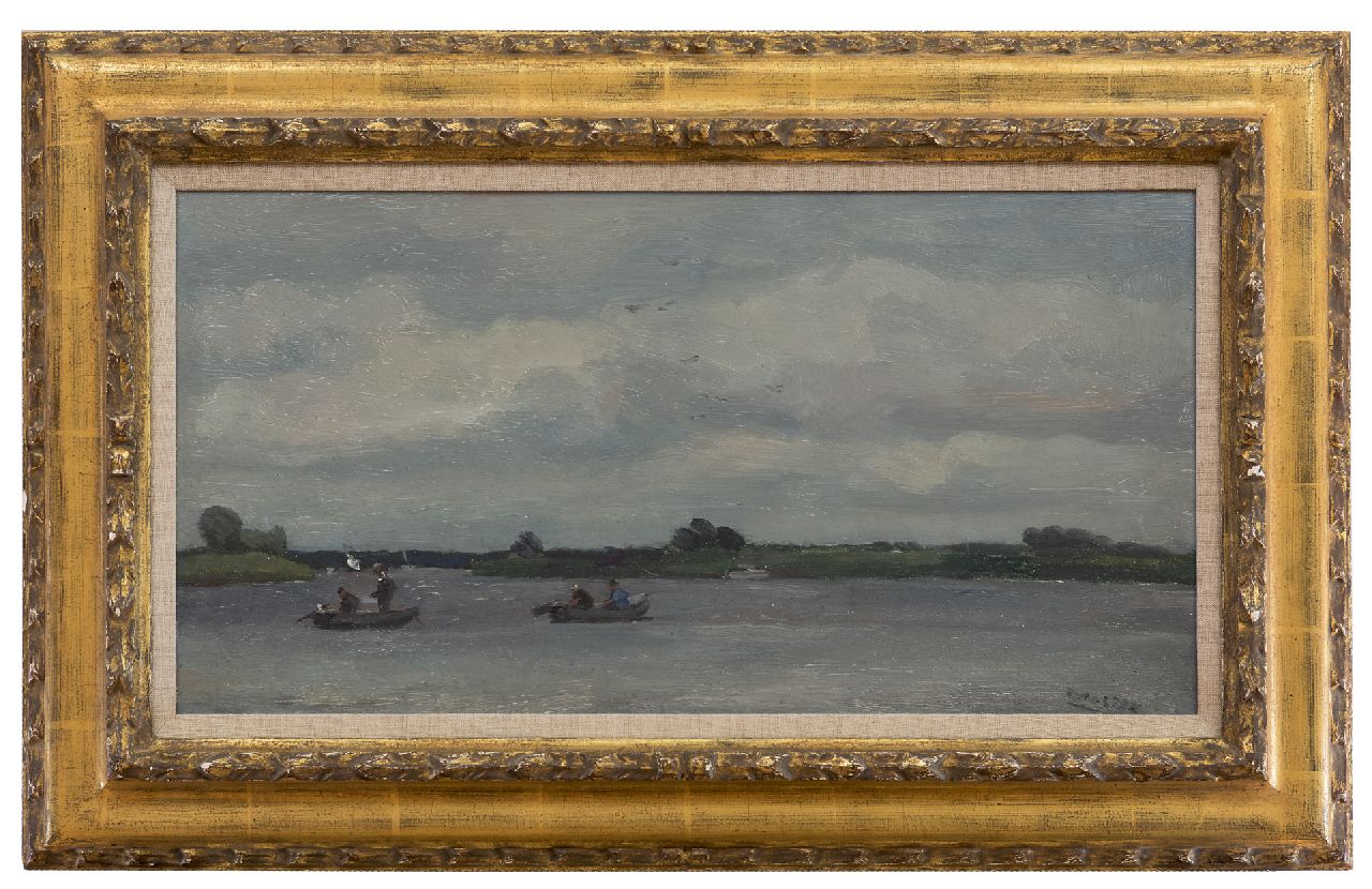 Noltee B.C. | Bernardus Cornelis 'Cor' Noltee, Vissers in bootjes met buitenboordmotor op het Wantij, Dordrecht, olieverf op schildersboard 29,0 x 55,2 cm, gesigneerd rechtsonder Noltee B.C. | Bernardus Cornelis 'Cor' Noltee, Vissers in bootjes met buitenboordmotor op het Wantij, Dordrecht, olieverf op schildersboard 29,0 x 55,2 cm, gesigneerd rechtsonder