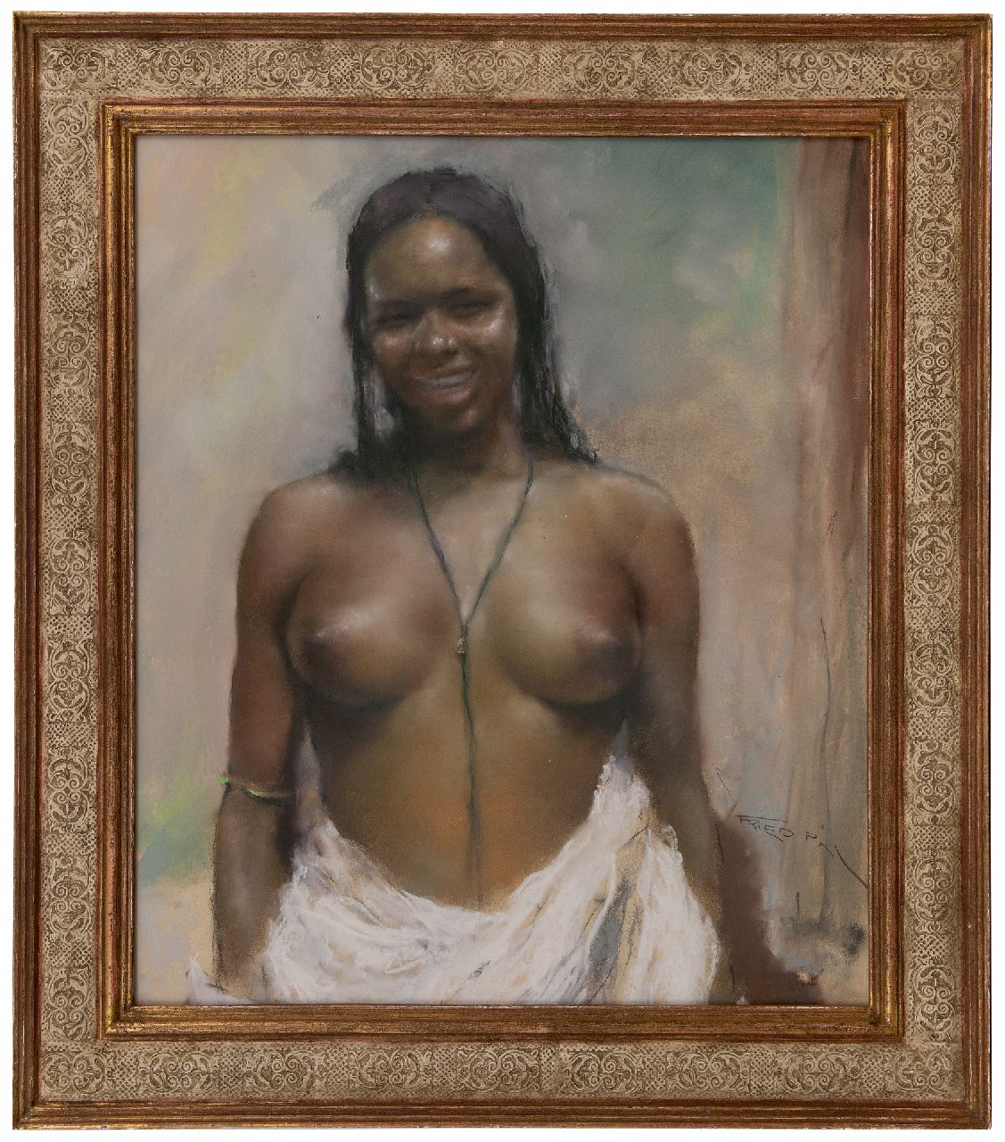 Fried P. | Pal Fried | Aquarellen en tekeningen te koop aangeboden | Glimlachend half-naakt, pastel op papier 79,9 x 68,4 cm, gesigneerd rechtsonder Fried P. | Pal Fried | Aquarellen en tekeningen te koop aangeboden | Glimlachend half-naakt, pastel op papier 79,9 x 68,4 cm, gesigneerd rechtsonder