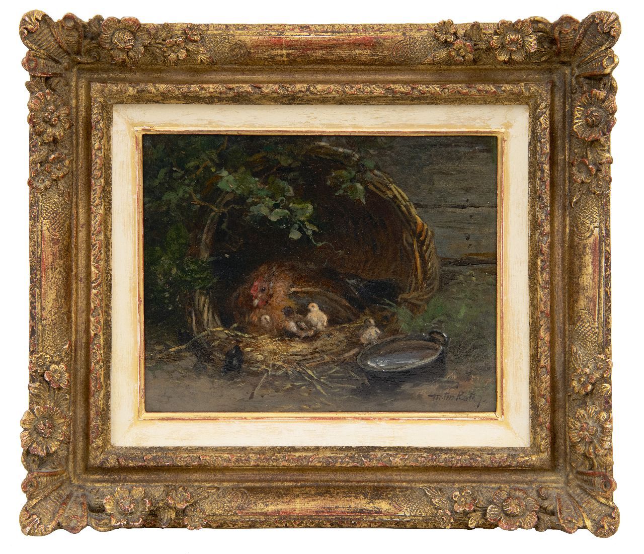 Kate J.M.H. ten | Johan 'Mari' Henri ten Kate, Hen met kuikens in een korf, olieverf op paneel 15,5 x 19,7 cm, gesigneerd rechtsonder Kate J.M.H. ten | Johan 'Mari' Henri ten Kate, Hen met kuikens in een korf, olieverf op paneel 15,5 x 19,7 cm, gesigneerd rechtsonder