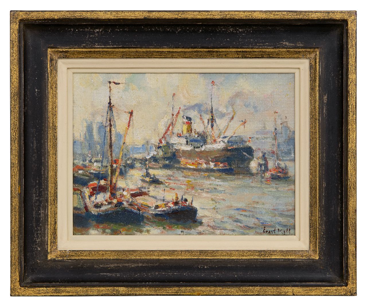 Moll E.  | Evert Moll, Havengezicht met stoomschip en slepers, olieverf op doek 19,4 x 25,2 cm, gesigneerd rechtsonder