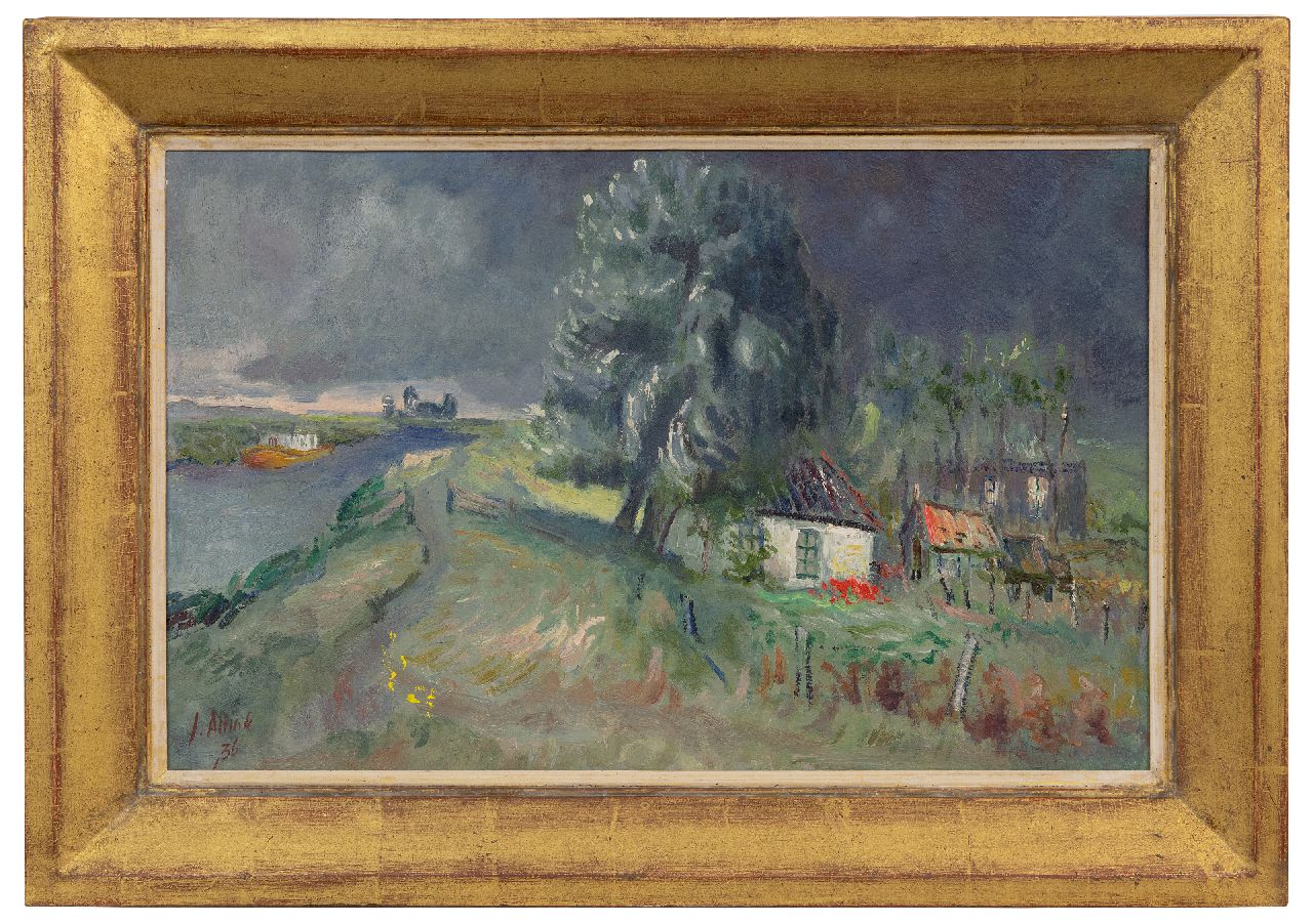 Altink J. | Jan Altink | Schilderijen te koop aangeboden | Boerderij Blauwborgje aan het Reitdiep; verso: landschap met loods en schaftkeet, olieverf op doek 40,2 x 63,0 cm, gesigneerd linksonder en gedateerd '36 Altink J. | Jan Altink | Schilderijen te koop aangeboden | Boerderij Blauwborgje aan het Reitdiep; verso: landschap met loods en schaftkeet, olieverf op doek 40,2 x 63,0 cm, gesigneerd linksonder en gedateerd '36