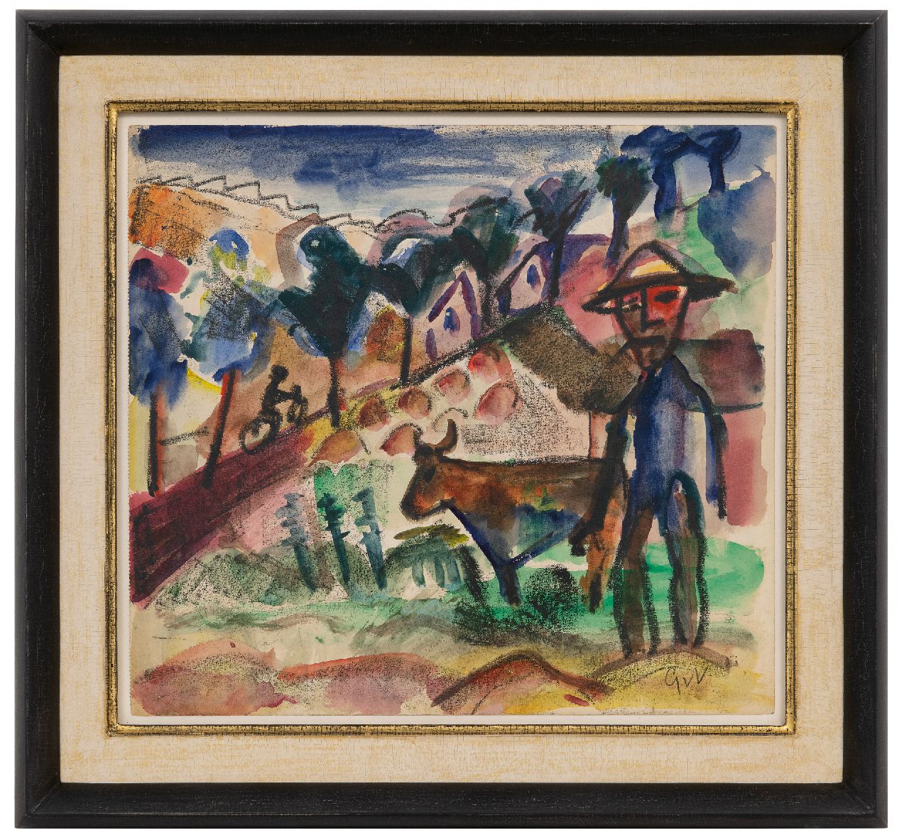 Velde G. van | Gerardus 'Geer' van Velde | Aquarellen en tekeningen te koop aangeboden | Boer met koe in een landschap, krijt en aquarel op papier 28,6 x 31,2 cm, gesigneerd rechtsonder met initialen Velde G. van | Gerardus 'Geer' van Velde | Aquarellen en tekeningen te koop aangeboden | Boer met koe in een landschap, krijt en aquarel op papier 28,6 x 31,2 cm, gesigneerd rechtsonder met initialen