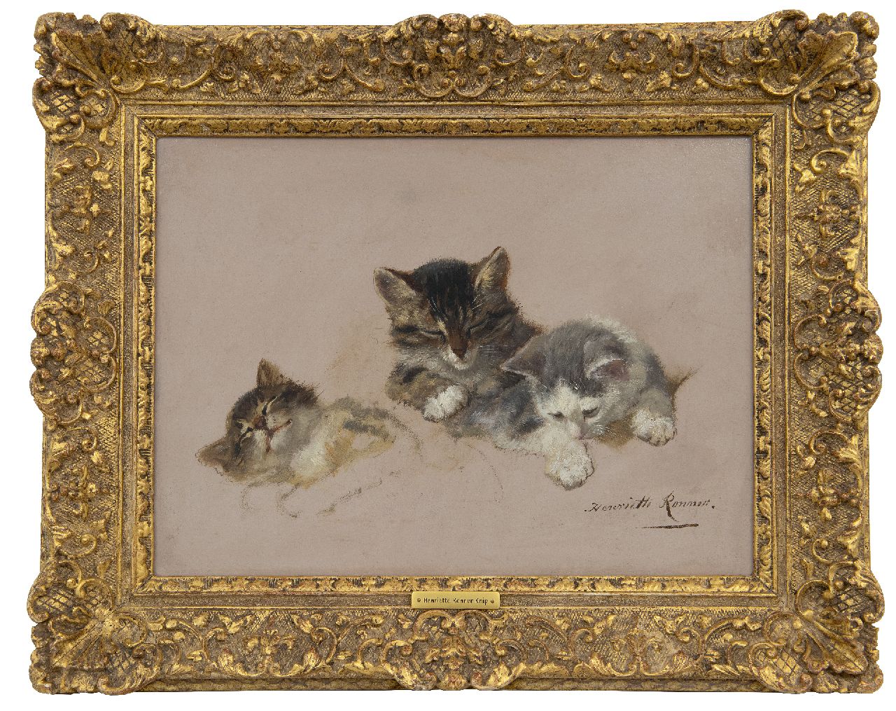Ronner-Knip H. | Henriette Ronner-Knip, Drie slaperige kittens, olieverf op paneel 26,8 x 36,0 cm, gesigneerd rechtsonder Ronner-Knip H. | Henriette Ronner-Knip, Drie slaperige kittens, olieverf op paneel 26,8 x 36,0 cm, gesigneerd rechtsonder