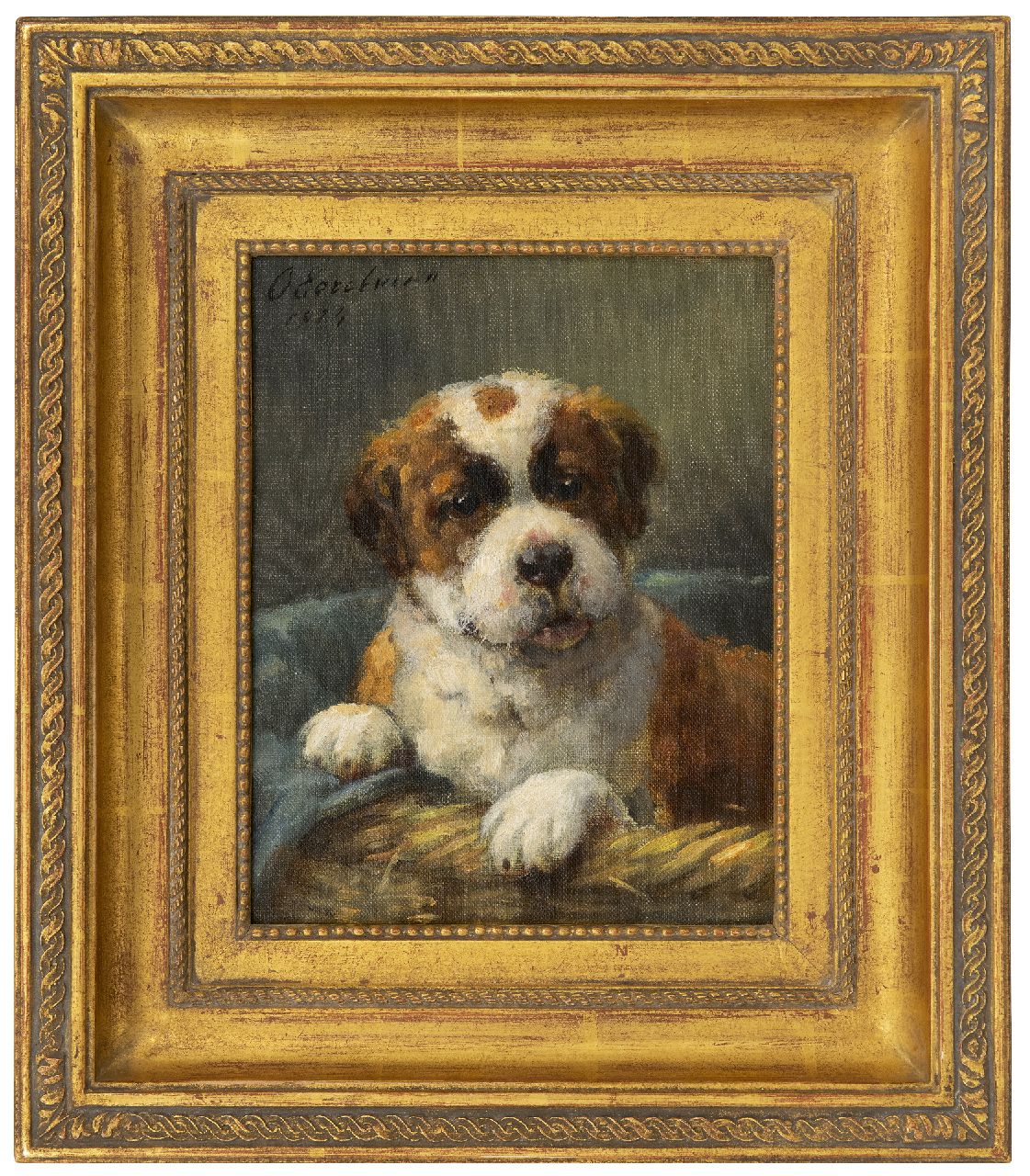 Eerelman O.  | Otto Eerelman | Schilderijen te koop aangeboden | Sint-Bernard pup in z'n mandje, olieverf op schildersboard 23,8 x 18,8 cm, gesigneerd linksboven en gedateerd 1924