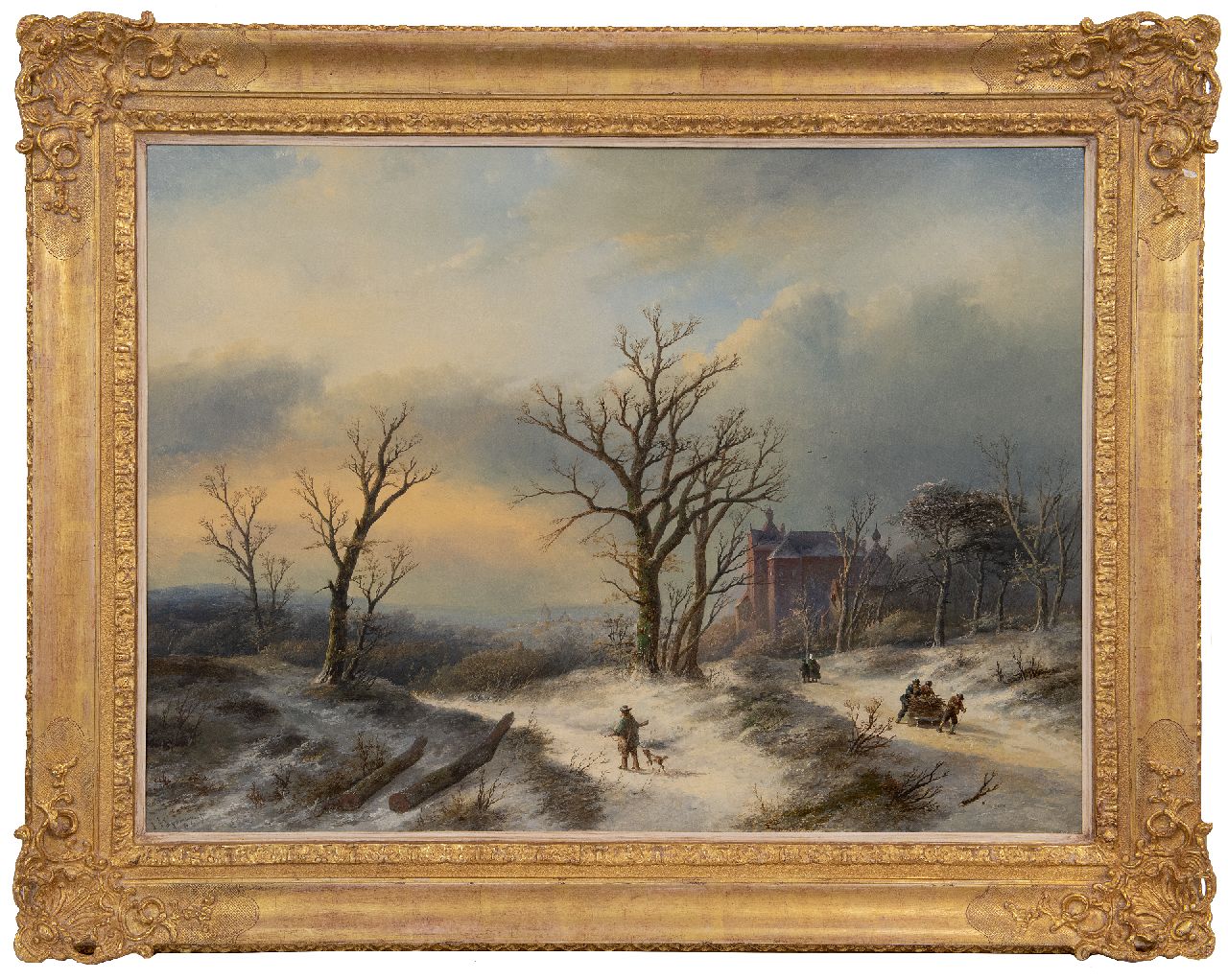 Spohler J.J.  | Jan Jacob Spohler | Schilderijen te koop aangeboden | Winterlandschap met jagers en houthakkers, olieverf op doek 62,5 x 84,5 cm, gesigneerd linksonder