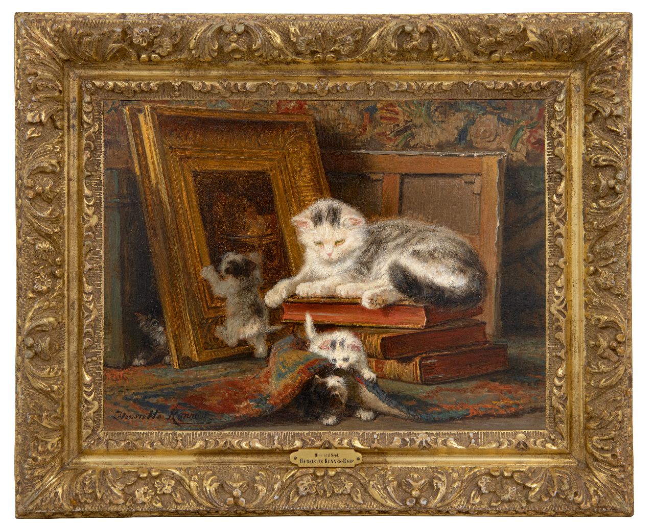 Ronner-Knip H. | Henriette Ronner-Knip | Schilderijen te koop aangeboden | Verstoppertje spelen, olieverf op paneel 24,4 x 32,3 cm, gesigneerd linksonder Ronner-Knip H. | Henriette Ronner-Knip | Schilderijen te koop aangeboden | Verstoppertje spelen, olieverf op paneel 24,4 x 32,3 cm, gesigneerd linksonder