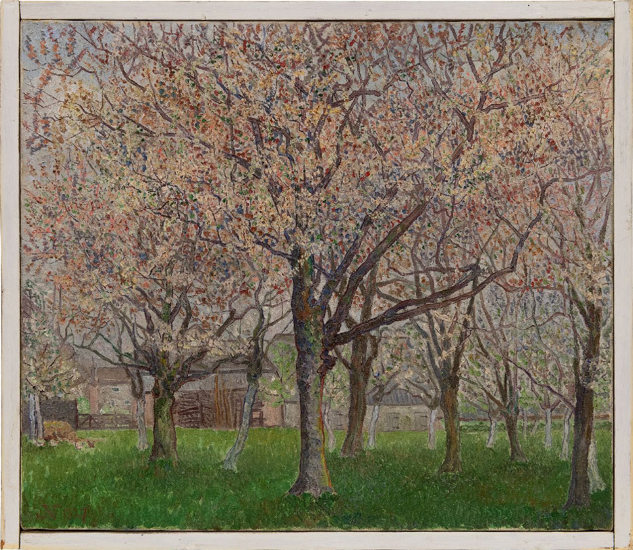 Nieweg J. | Jakob Nieweg | Schilderijen te koop aangeboden | Bloeiende fruitboomgaard, olieverf op doek 55,8 x 65,1 cm, gesigneerd linksonder met monogram en gedateerd 1927 Nieweg J. | Jakob Nieweg | Schilderijen te koop aangeboden | Bloeiende fruitboomgaard, olieverf op doek 55,8 x 65,1 cm, gesigneerd linksonder met monogram en gedateerd 1927