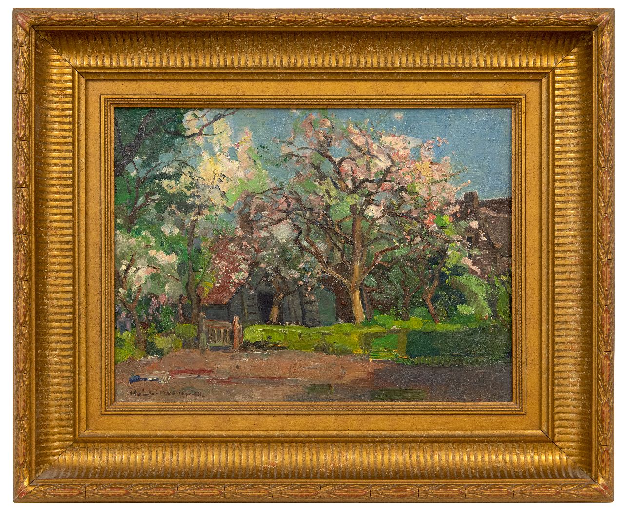 Leeuwen H. van | Hendrik 'Henk' van Leeuwen | Schilderijen te koop aangeboden | Bloesembomen bij een boerderij, olieverf op doek 30,2 x 40,4 cm, gesigneerd linksonder Leeuwen H. van | Hendrik 'Henk' van Leeuwen | Schilderijen te koop aangeboden | Bloesembomen bij een boerderij, olieverf op doek 30,2 x 40,4 cm, gesigneerd linksonder