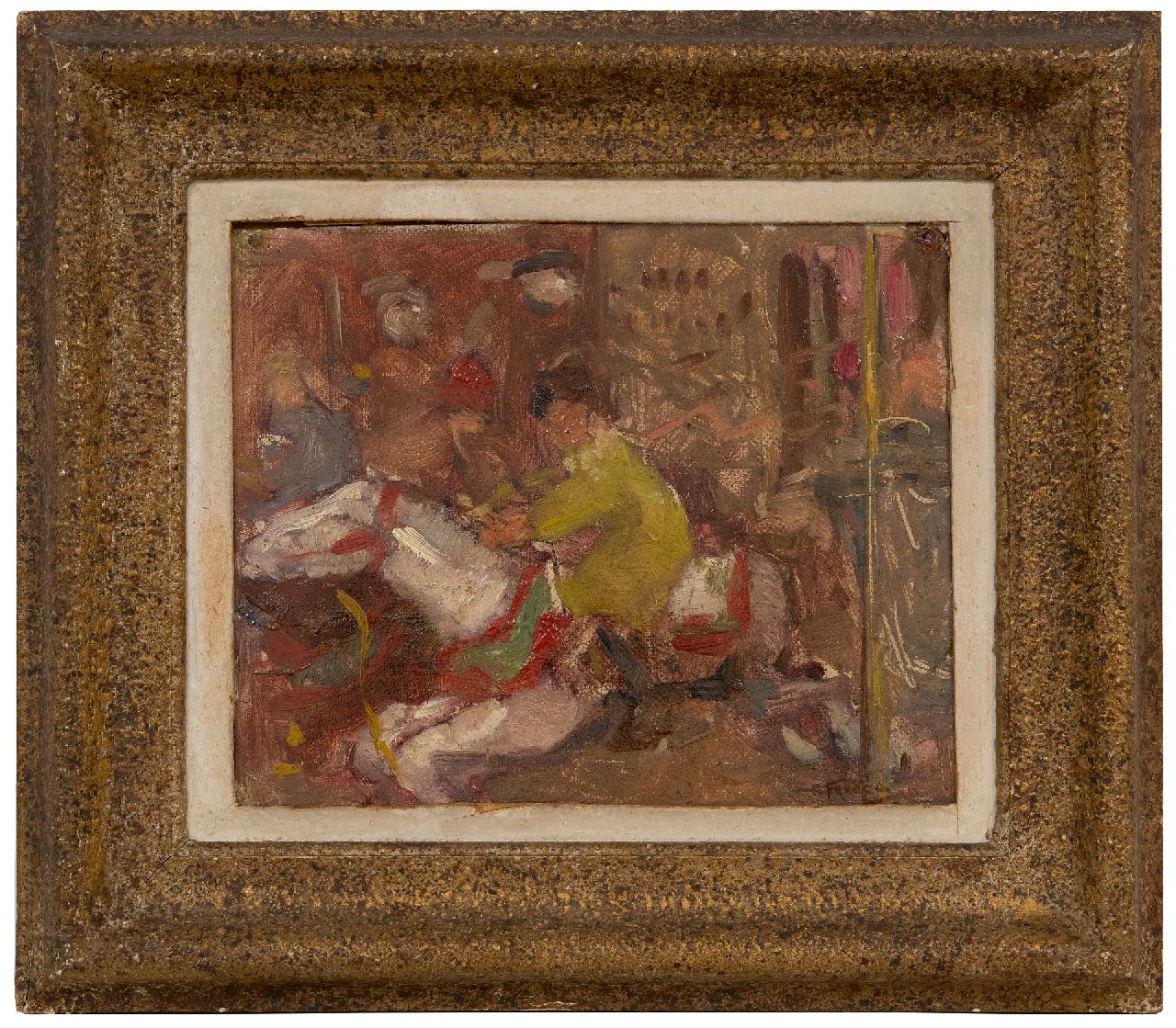 Fresco A.  | Abraham Fresco, Marga Fresco in de draaimolen, olieverf op doek op board 19,0 x 23,6 cm, gesigneerd rechtsonder