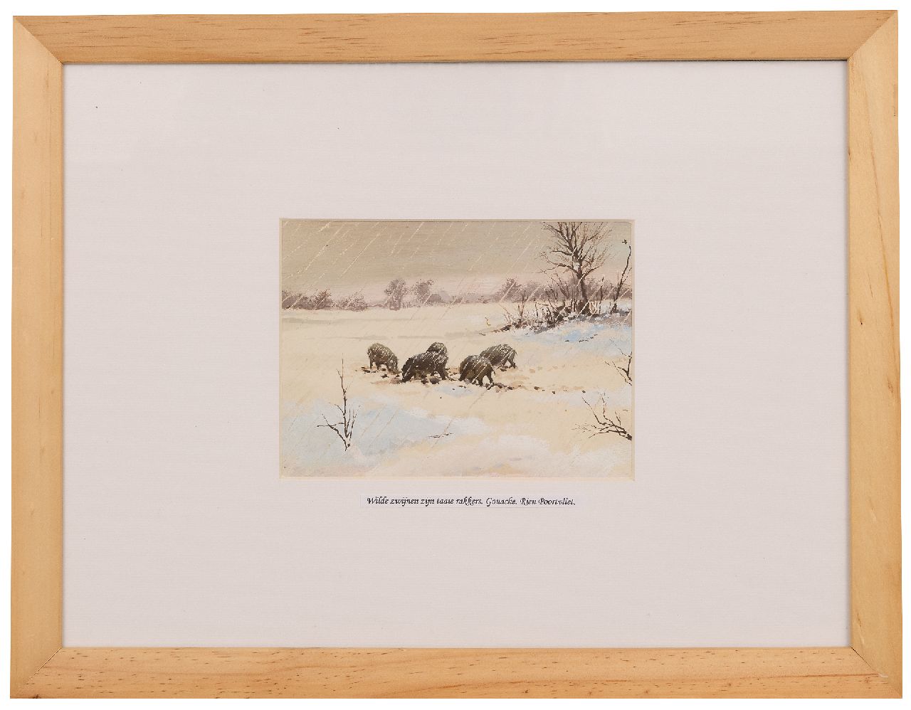 Poortvliet R.  | Rien Poortvliet | Aquarellen en tekeningen te koop aangeboden | Wilde zwijnen in de sneeuw, Hoge Veluwe, gouache op papier 12,6 x 17,3 cm