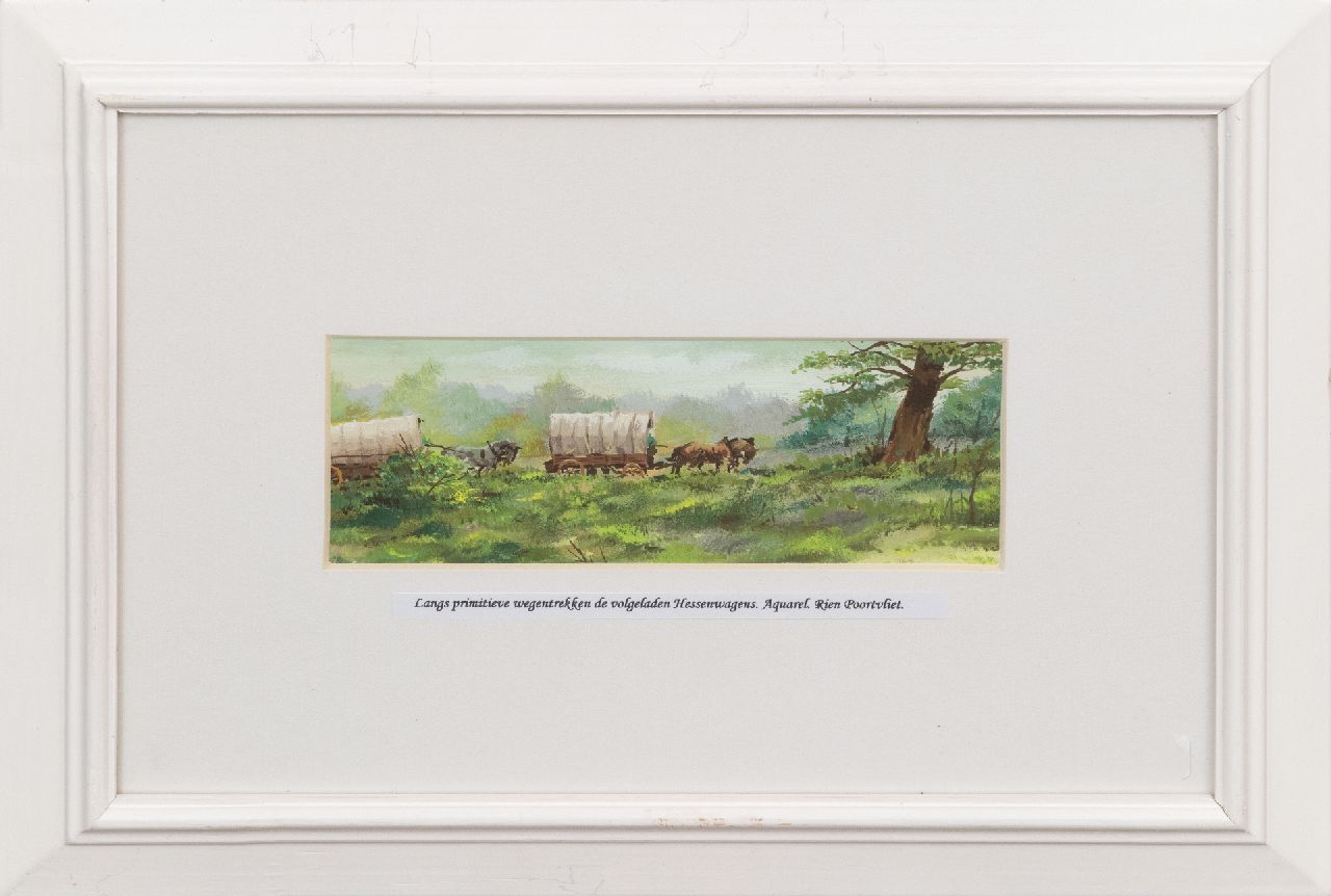 Poortvliet R. | Rien Poortvliet | Aquarellen en tekeningen te koop aangeboden | Hessenwagens in een Gelders landschap, aquarel op papier 6,3 x 17,5 cm Poortvliet R. | Rien Poortvliet | Aquarellen en tekeningen te koop aangeboden | Hessenwagens in een Gelders landschap, aquarel op papier 6,3 x 17,5 cm